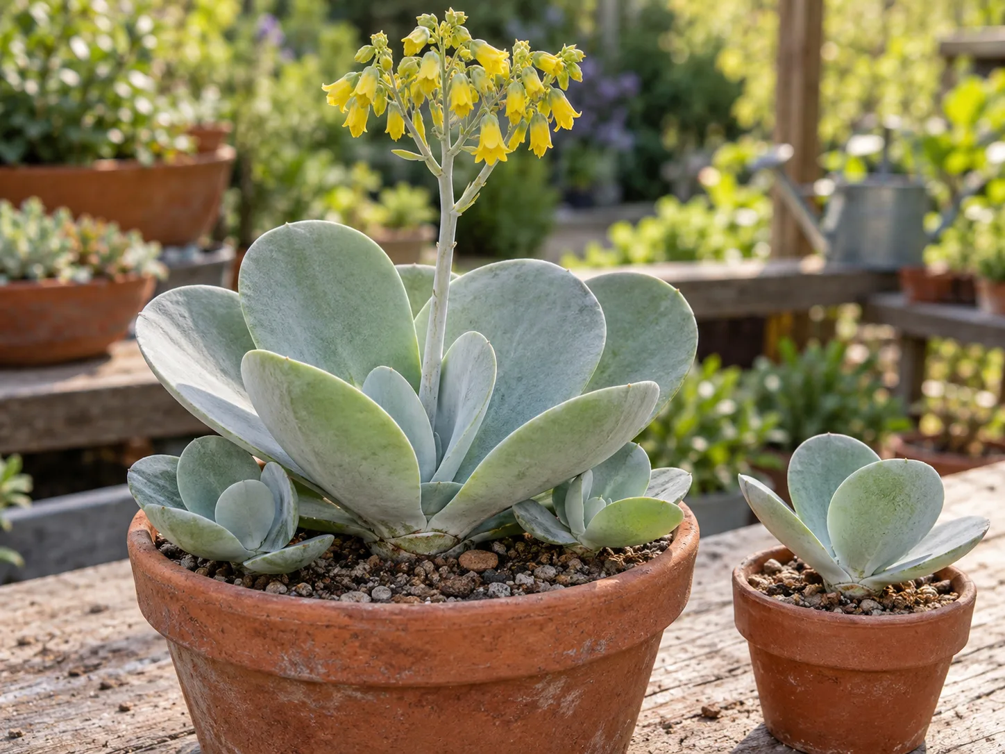 A flowering Kalanchoe thyrsiflora with a tall yellow flower stalk, rooted basal offsets, and a separated young rosette.