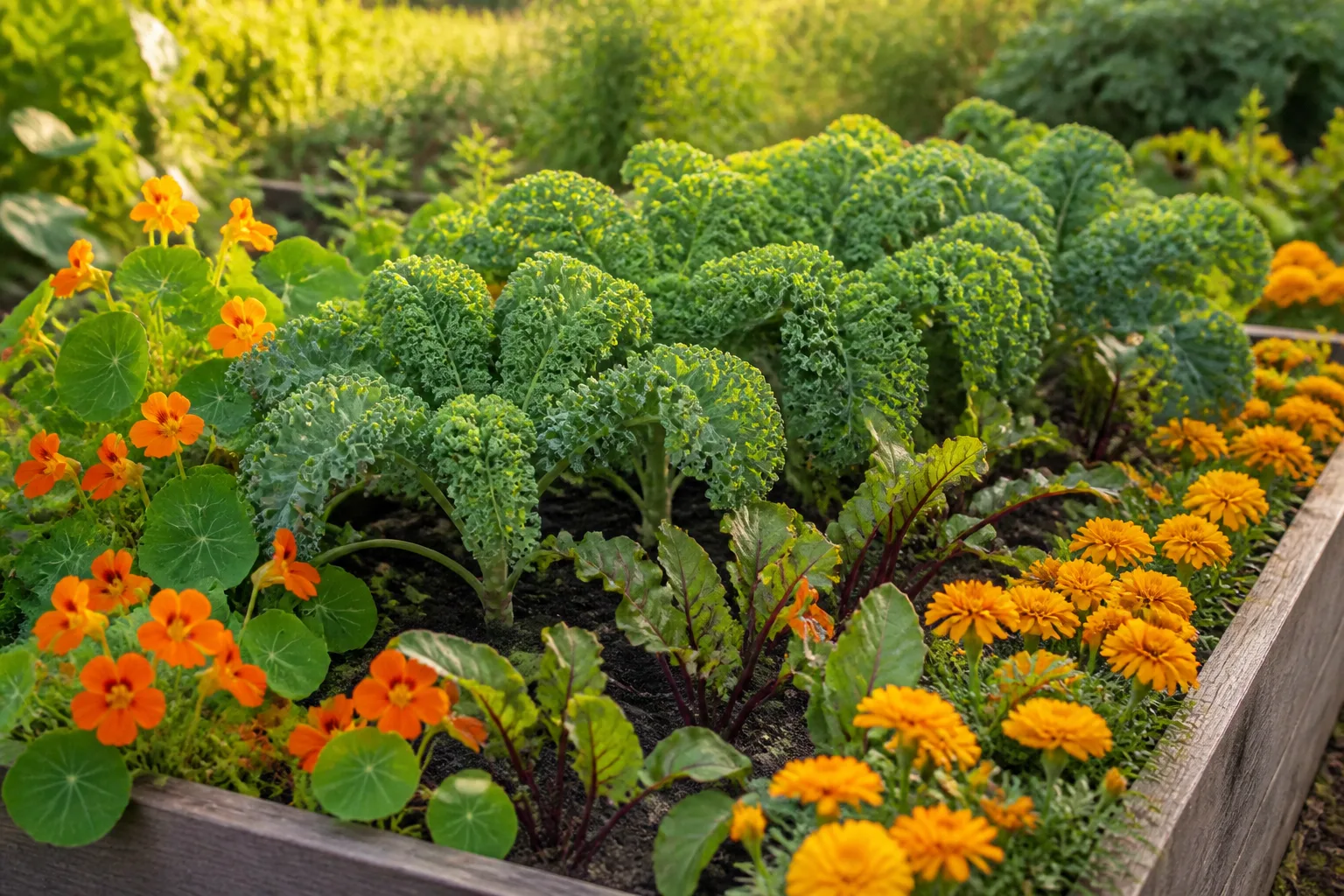 Raised garden bed with leafy greens, nasturtiums, and marigolds growing as vegetable companion plants
