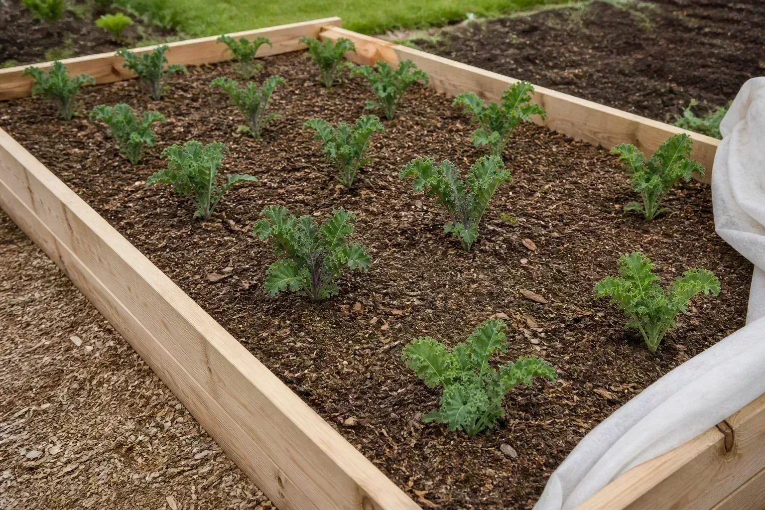 Sunny raised garden bed prepared for drought-tolerant companion planting