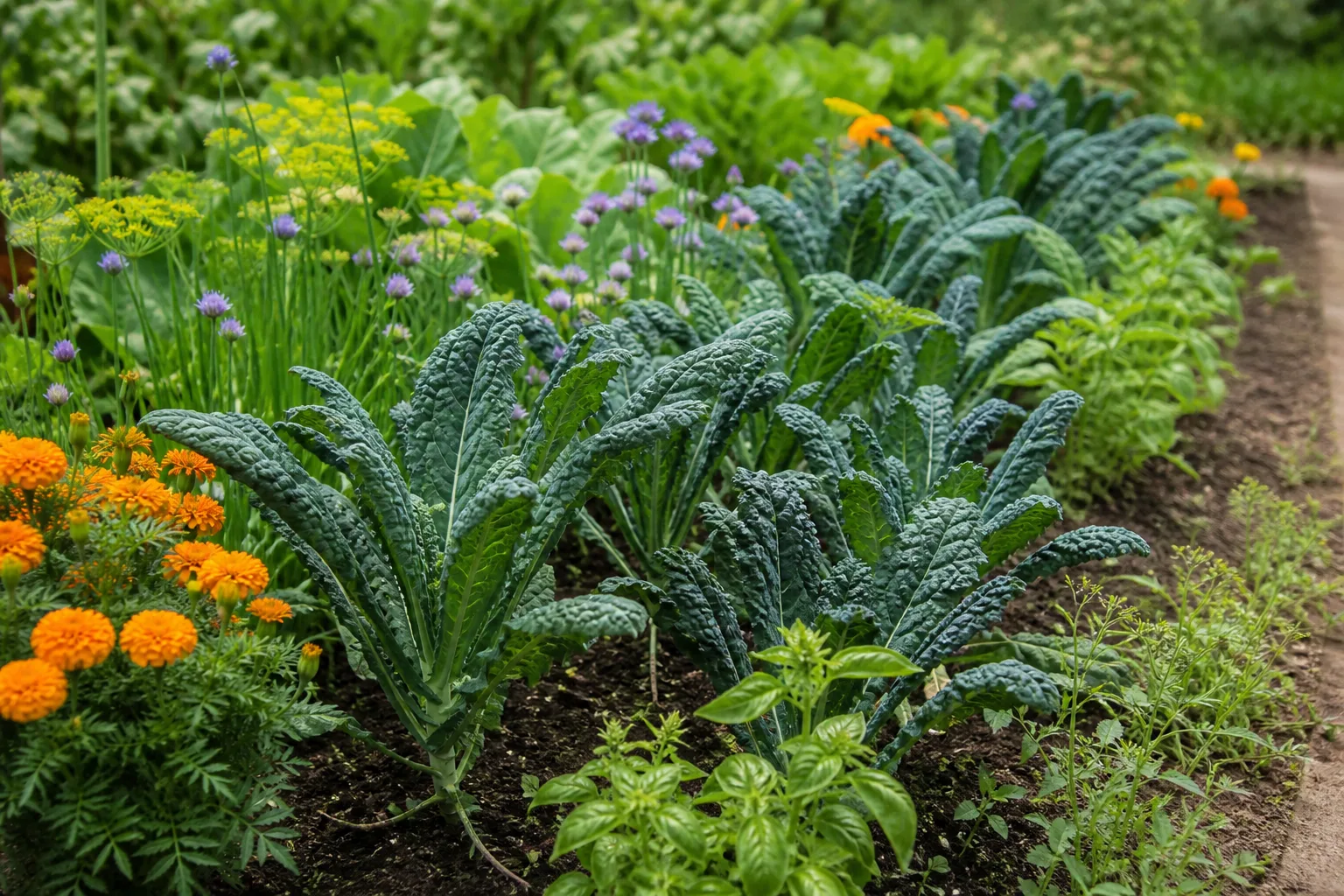 Mixed polyculture vegetable garden bed showing kale companion planting diversity