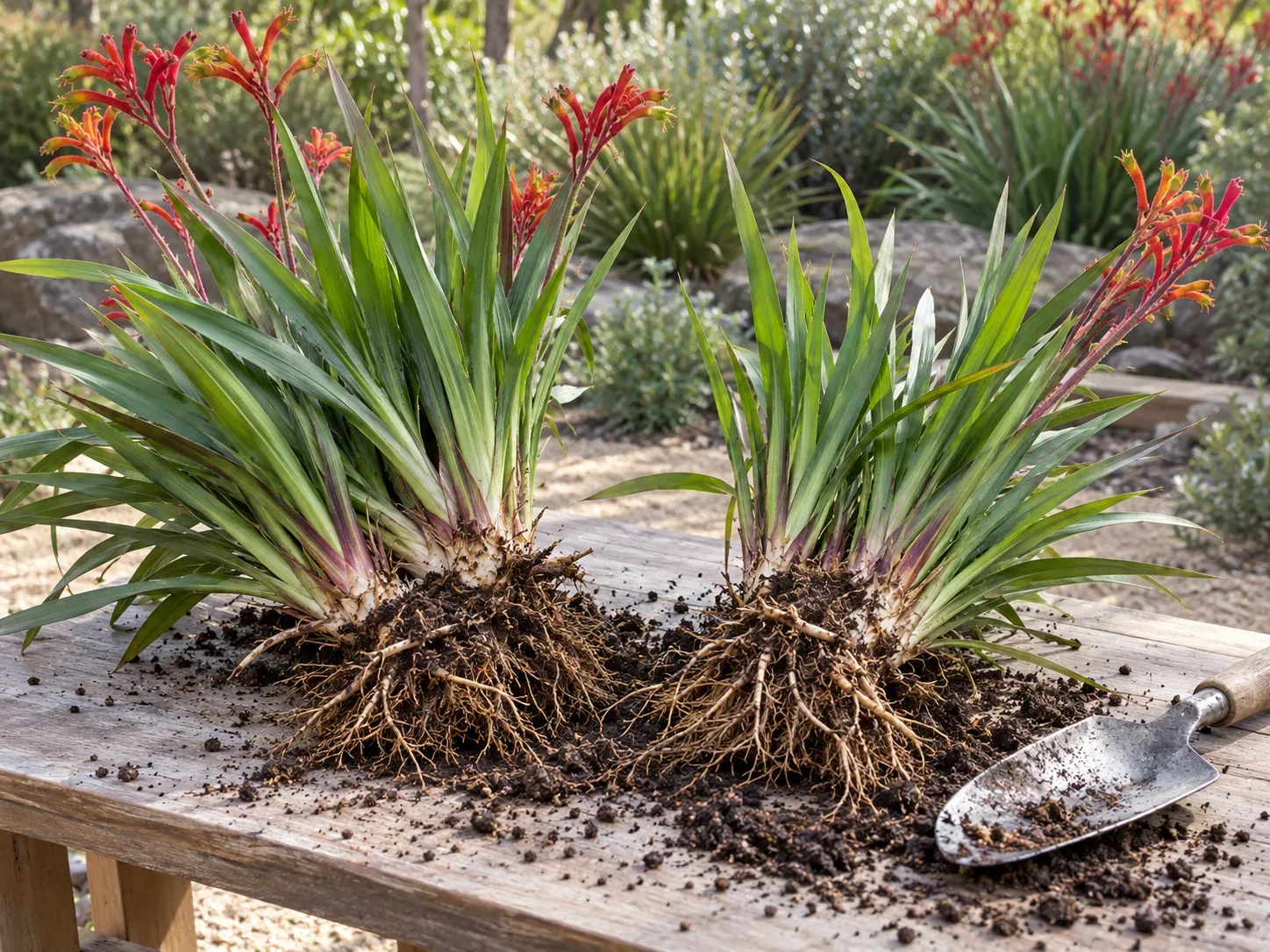 Two healthy kangaroo paw divisions showing basal fans attached to rhizomes and roots