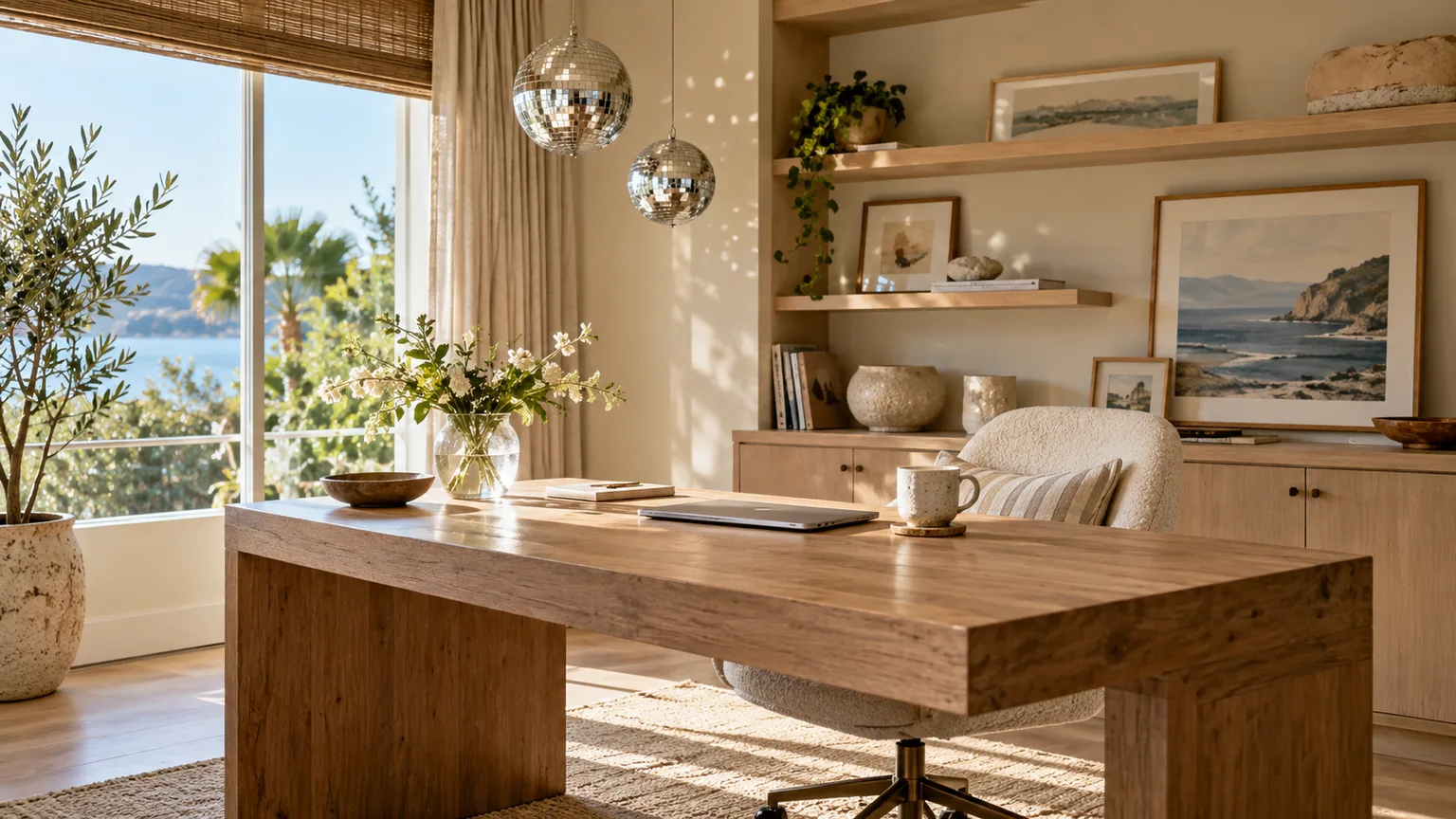 Illustrative quiet home workspace with two mirrored disco balls and natural textures