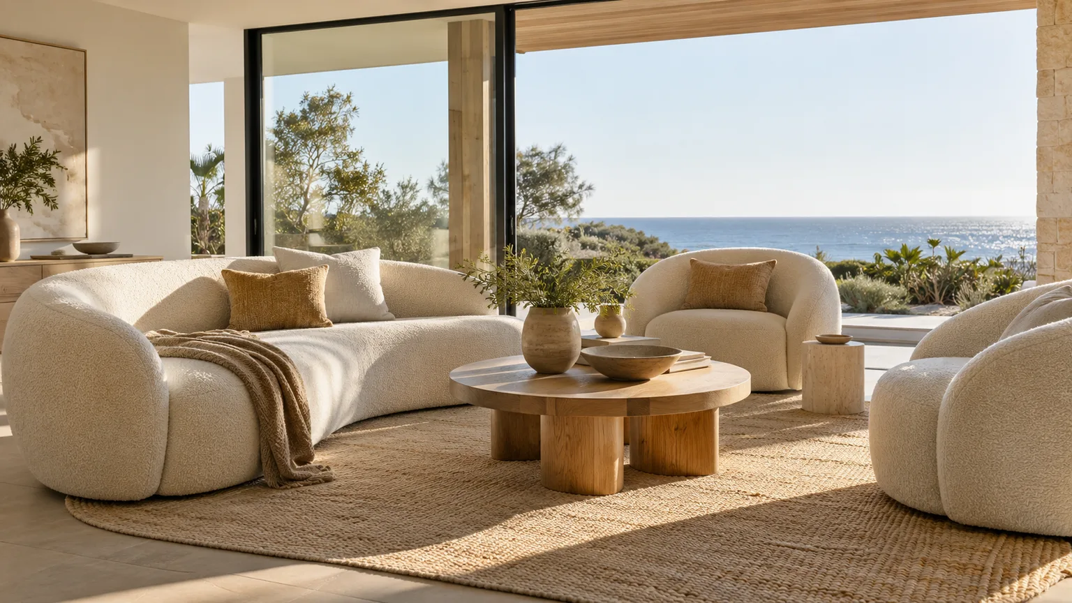 Illustrative modern living room with a curved cream sofa, rounded armchairs and natural textures