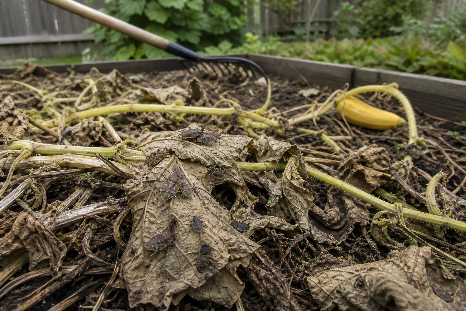 Frost-killed zucchini and squash vines being cleared from a backyard vegetable bed in late fall