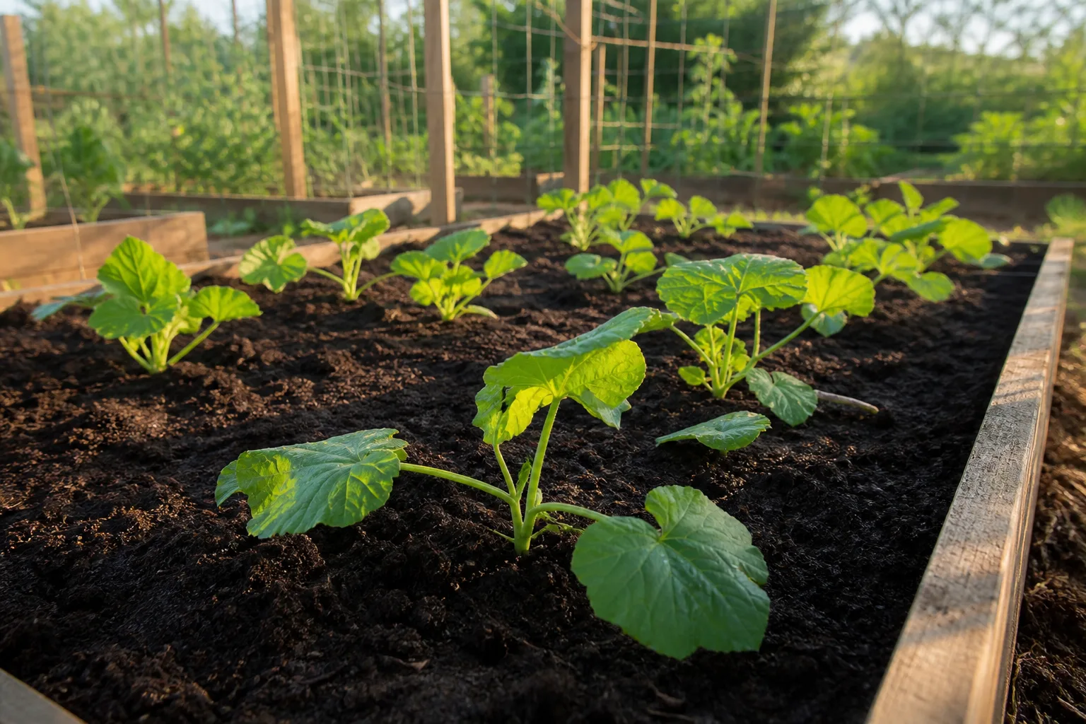 Young butternut squash and pumpkin seedlings planted in a fresh spring garden bed away from last year's cucurbit patch