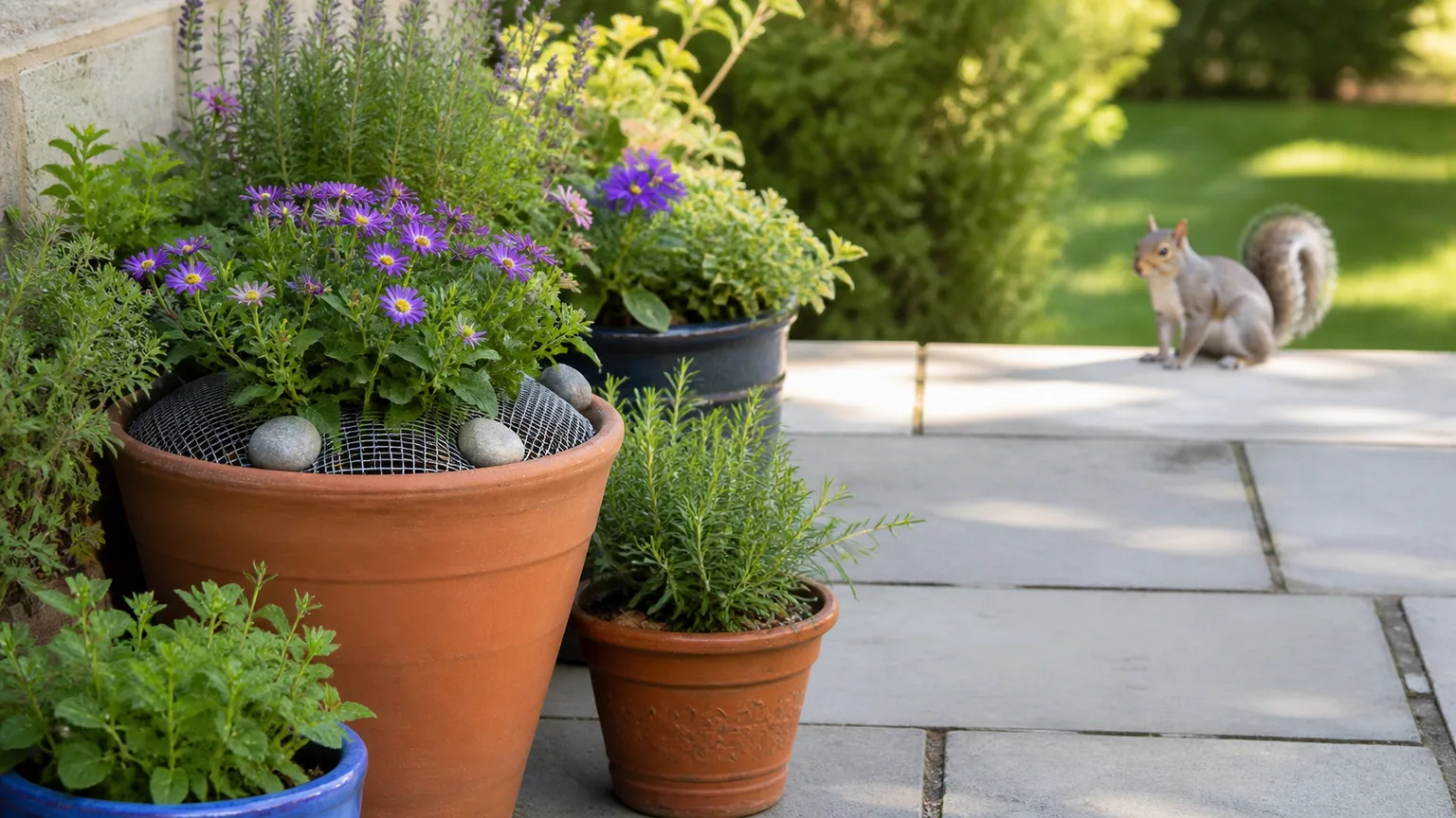 Potted herbs and flowers protected with wire mesh and stones while a squirrel watches from a patio