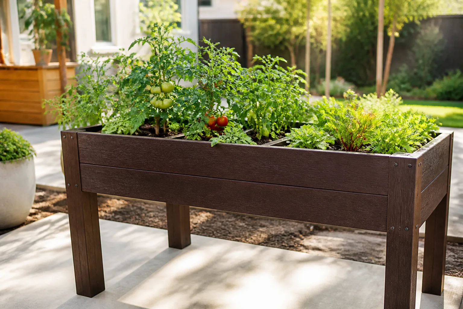 Elevated raised garden bed on a sunny patio filled with tomatoes, peppers, and leafy greens