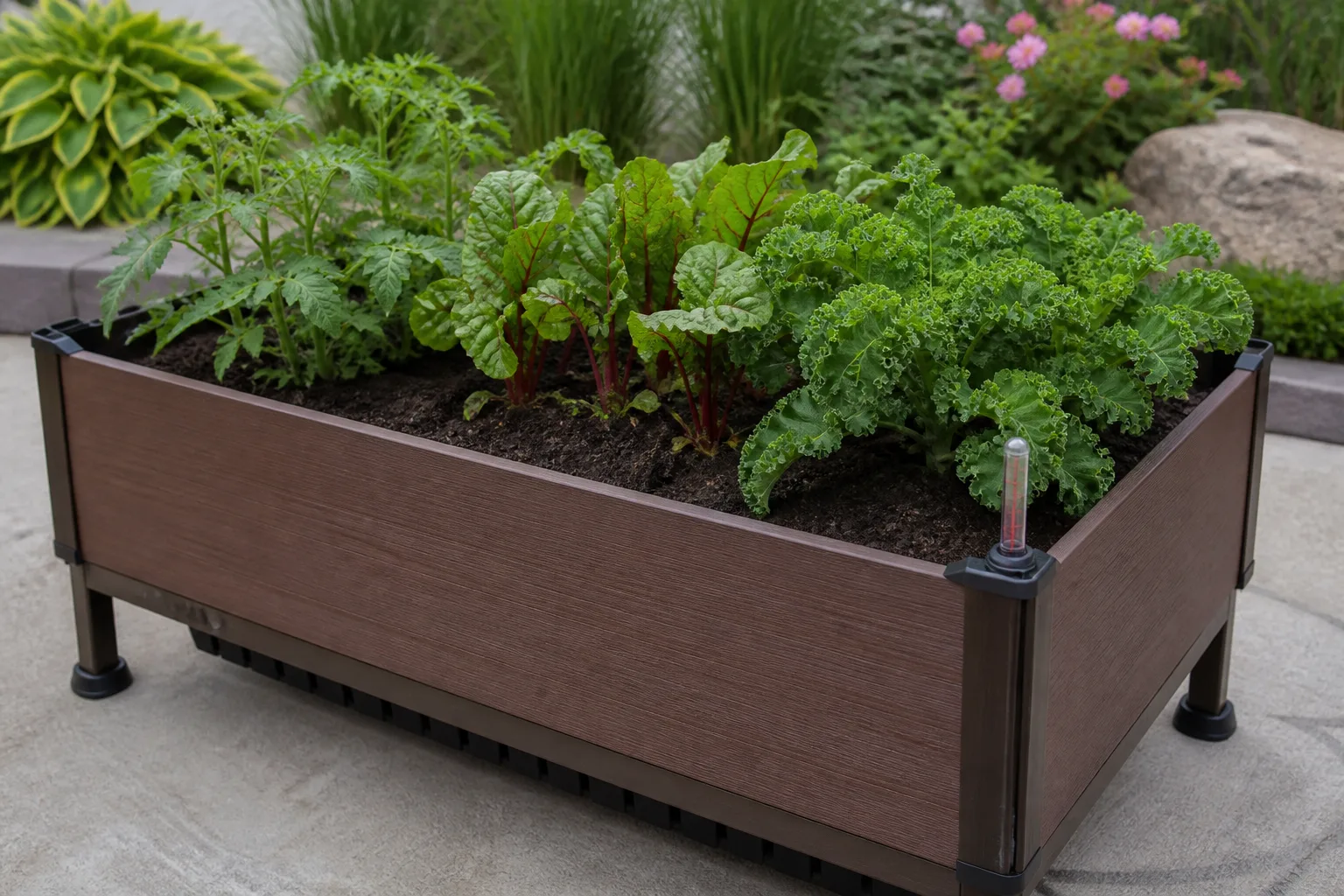 Elevated raised garden planter with lush vegetables and visible soil on a patio