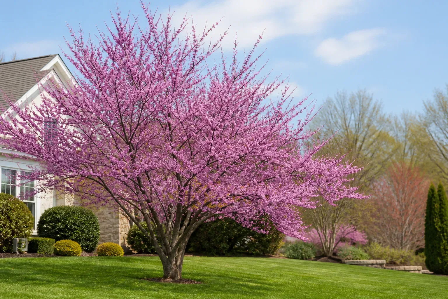 Eastern redbud tree in full early spring bloom with rose-pink flowers on bare branches in a home landscape