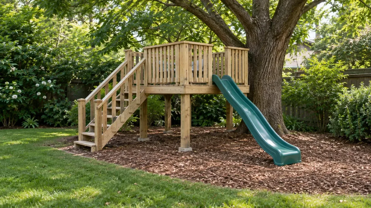 Low backyard play deck with a fixed staircase, handrail, slide, and maintained mulch landing