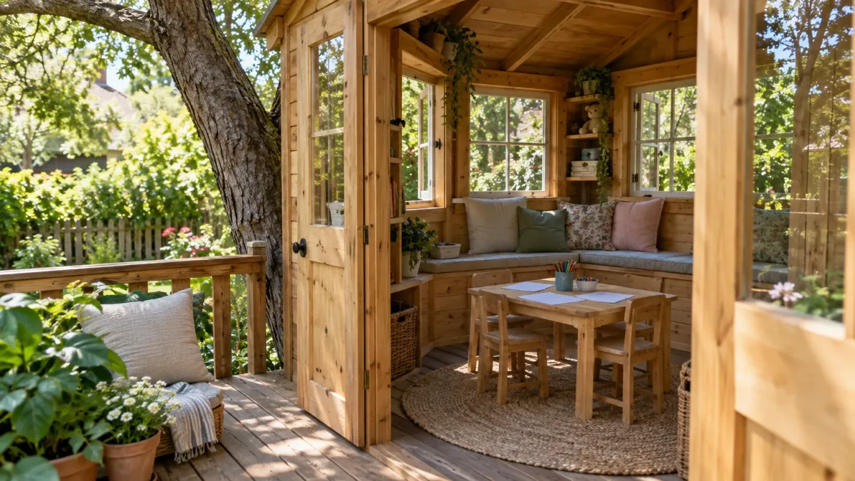 Wooden treehouse reading nook and small craft table with blank paper in a leafy backyard