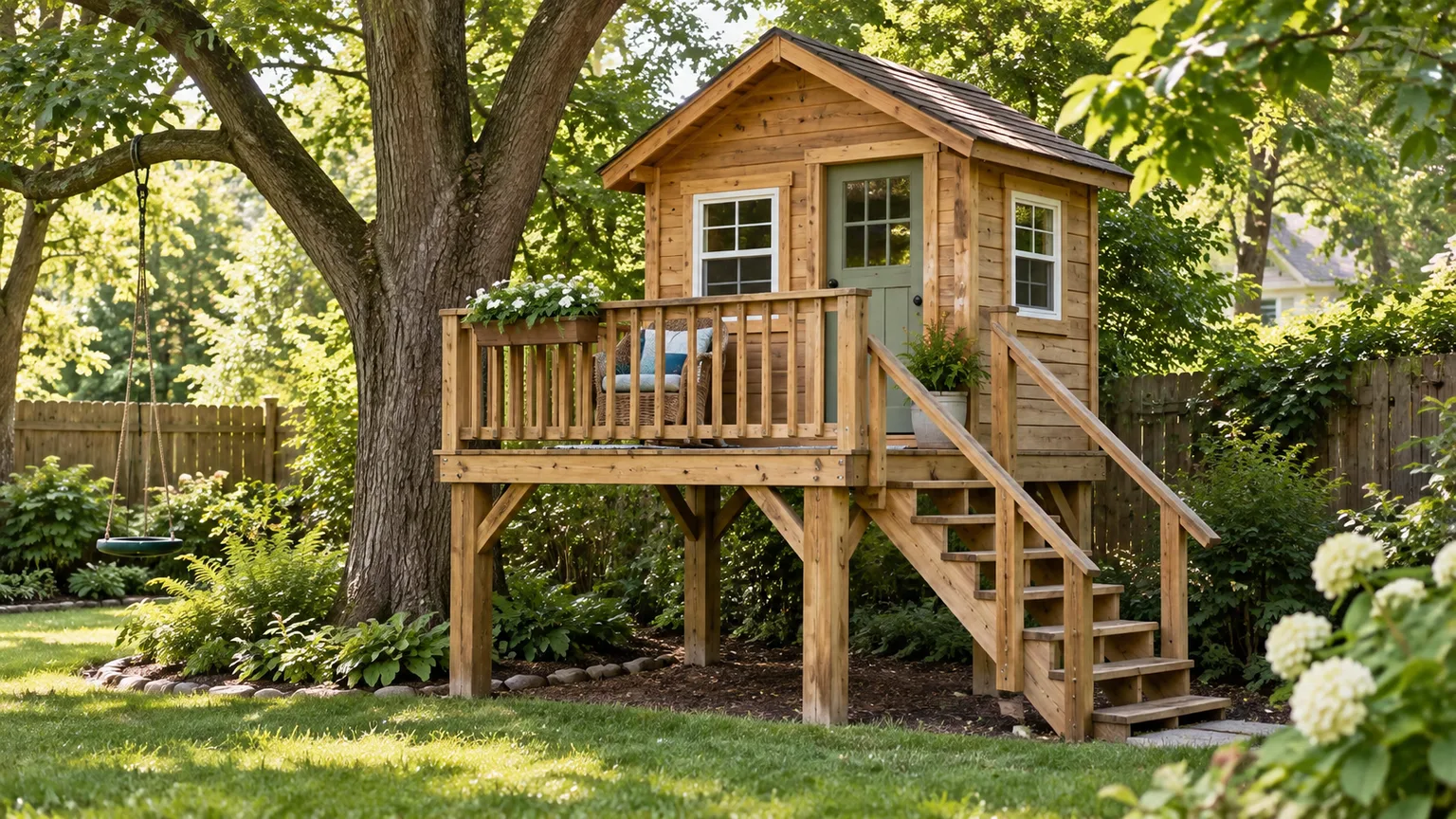 A wooden backyard playhouse with a porch, handrail, and stairs beside a mature tree