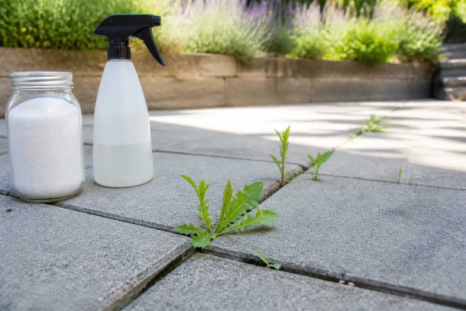 Weeds growing between outdoor pavers beside a kettle, spray bottle, and hand weeding tools