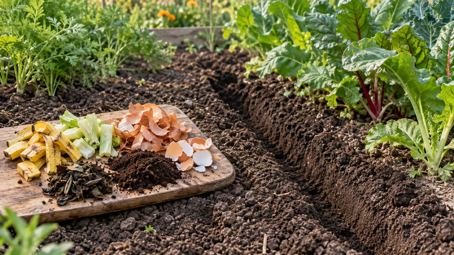 Chopped kitchen scraps arranged beside a freshly dug trench in a leafy vegetable bed.