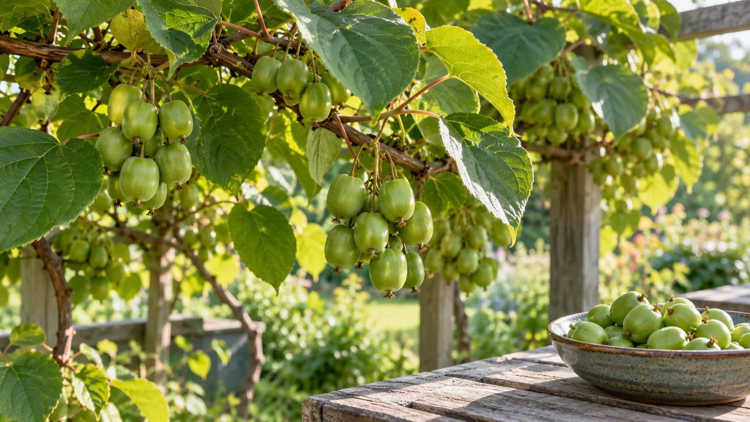 Smooth green hardy kiwiberries growing in clusters on a vine beside a small bowl of harvested fruit
