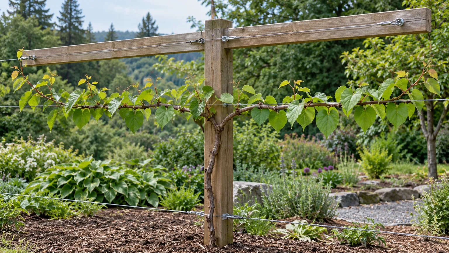 Young hardy kiwi vine trained on a T-bar trellis with one trunk and horizontal cordons