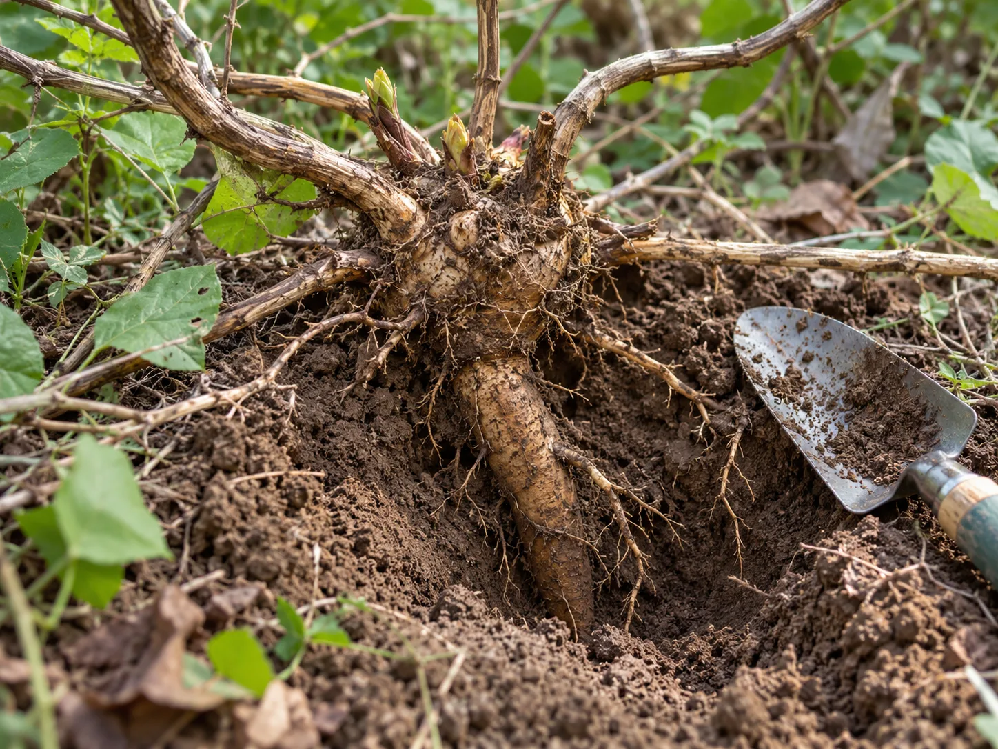 Exposed kudzu root crown with woody stems and the large storage root visible below the soil