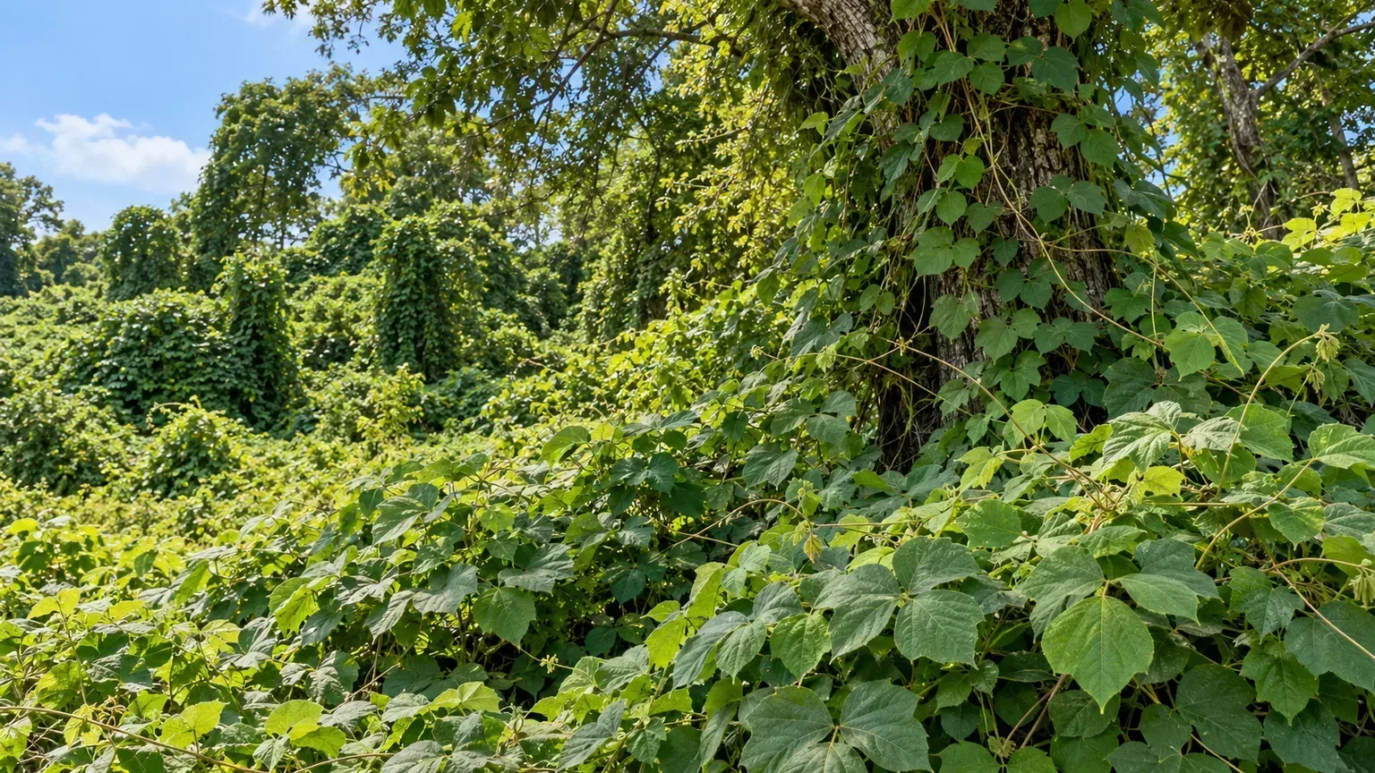 Kudzu vines with three-part leaves spreading over a sunny woodland edge and climbing a tree