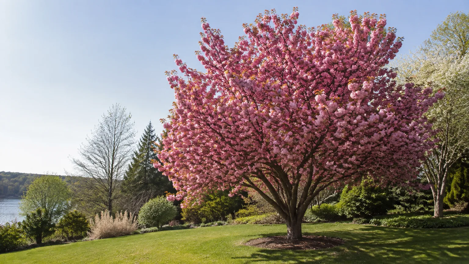 Kwanzan cherry tree covered in double pink spring blossoms in a sunny garden