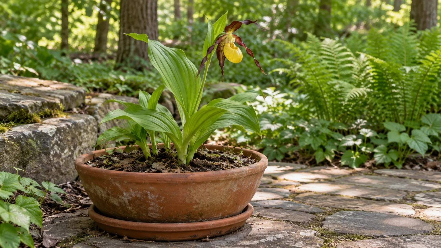 A hardy yellow lady slipper orchid growing outdoors in a wide, well-drained pot