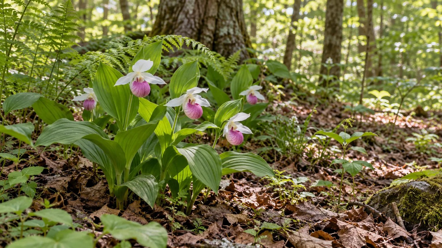 Hardy lady slipper orchids growing in dappled shade beneath deciduous trees