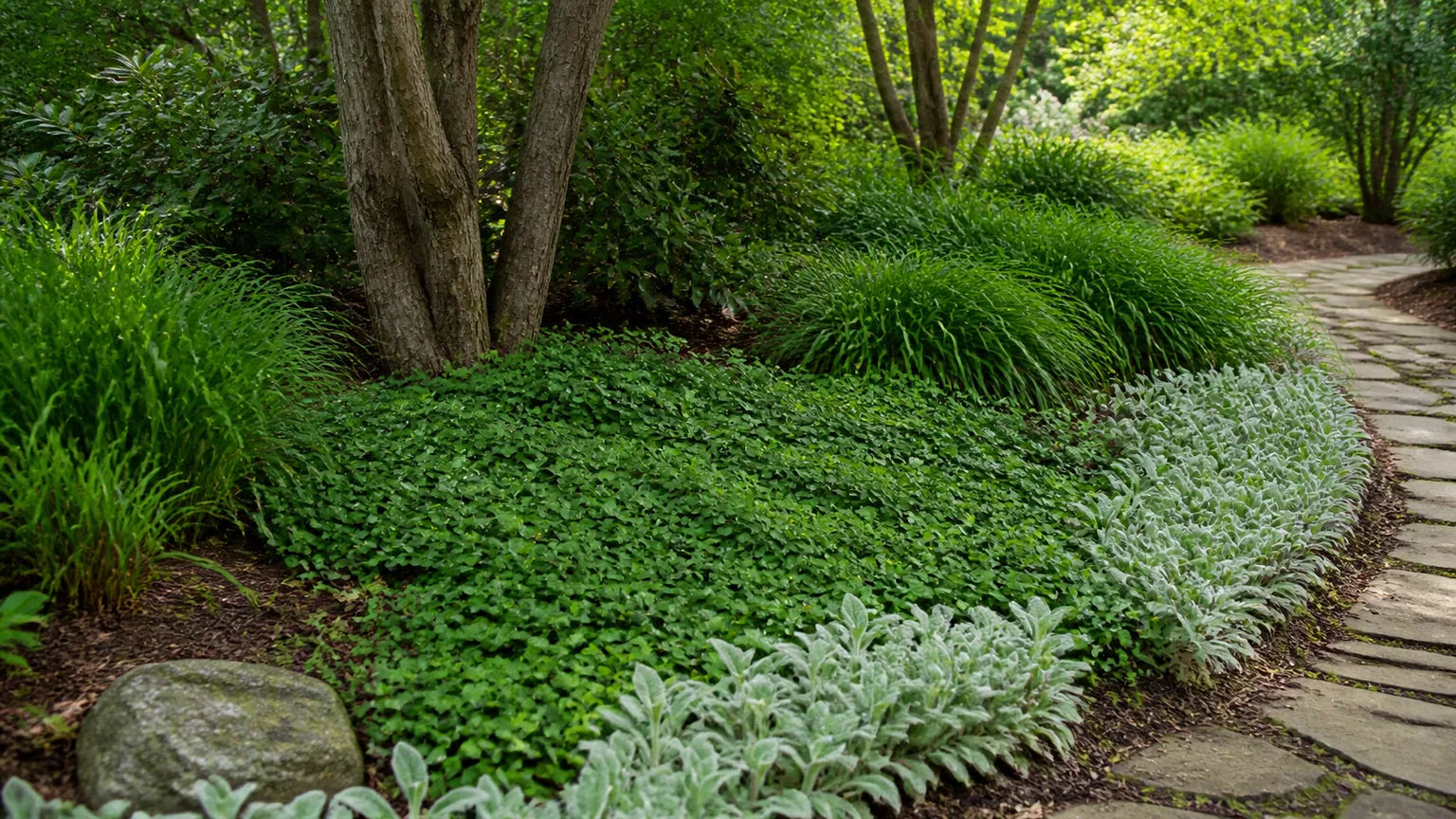 Outdoor woodland-edge garden bed with mixed groundcovers filling soil beneath trees and beside a stone path