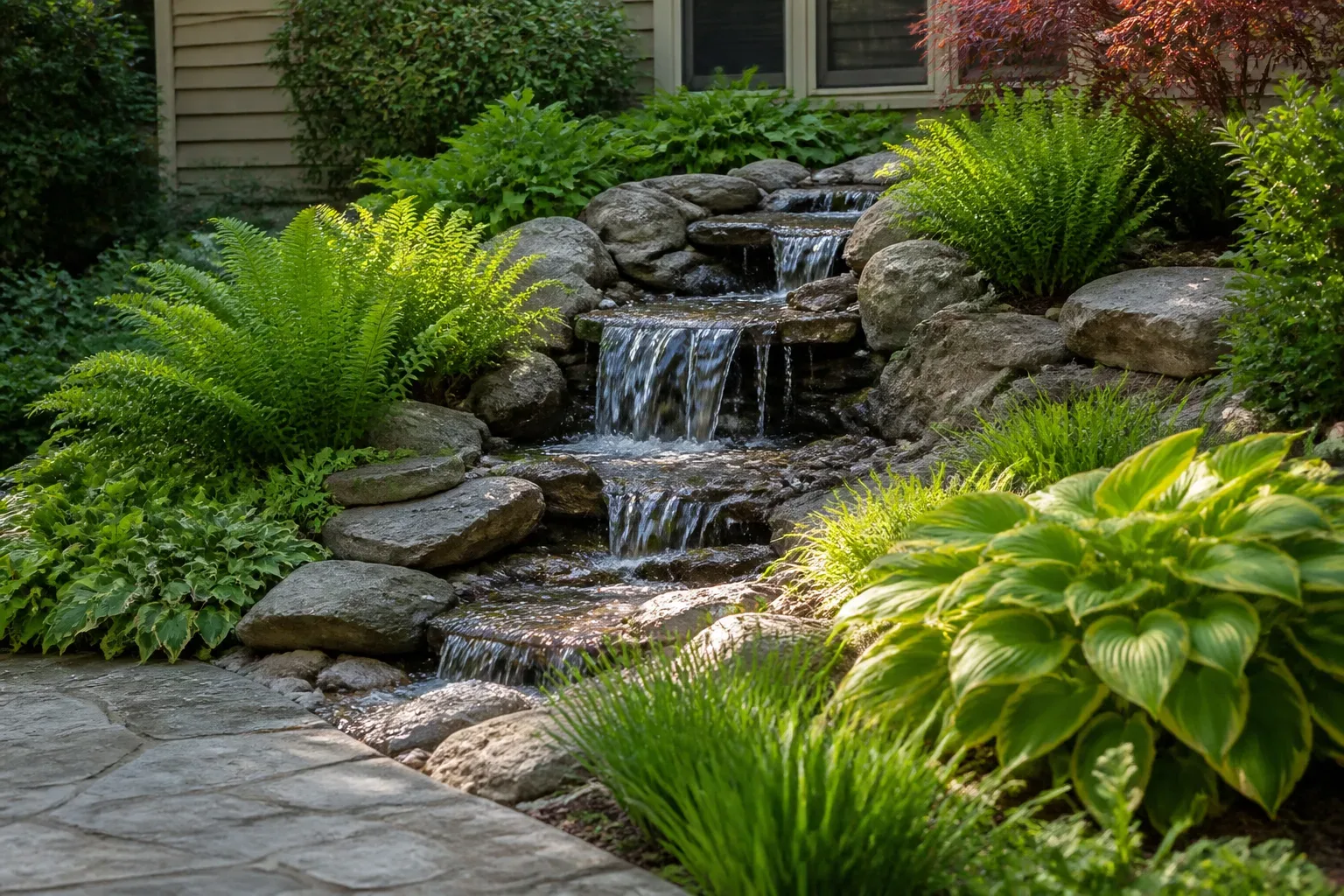 Small pondless waterfall feature beside garden seating in a compact outdoor space