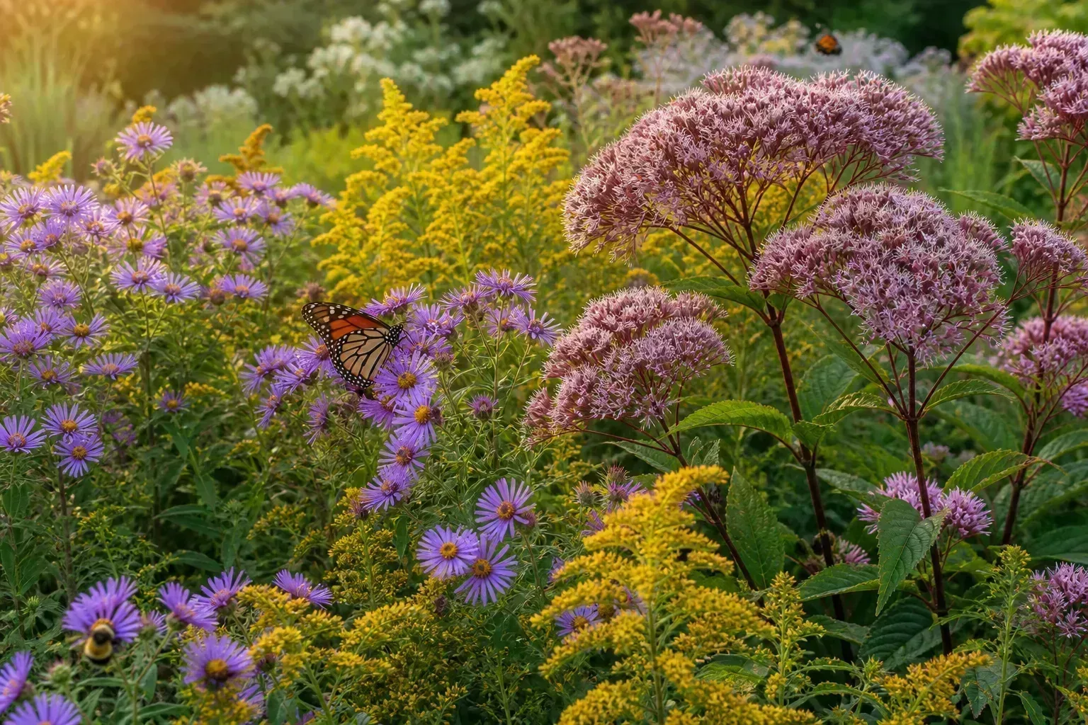 Late-summer pollinator garden with goldenrod, asters, and Joe Pye weed in warm afternoon light