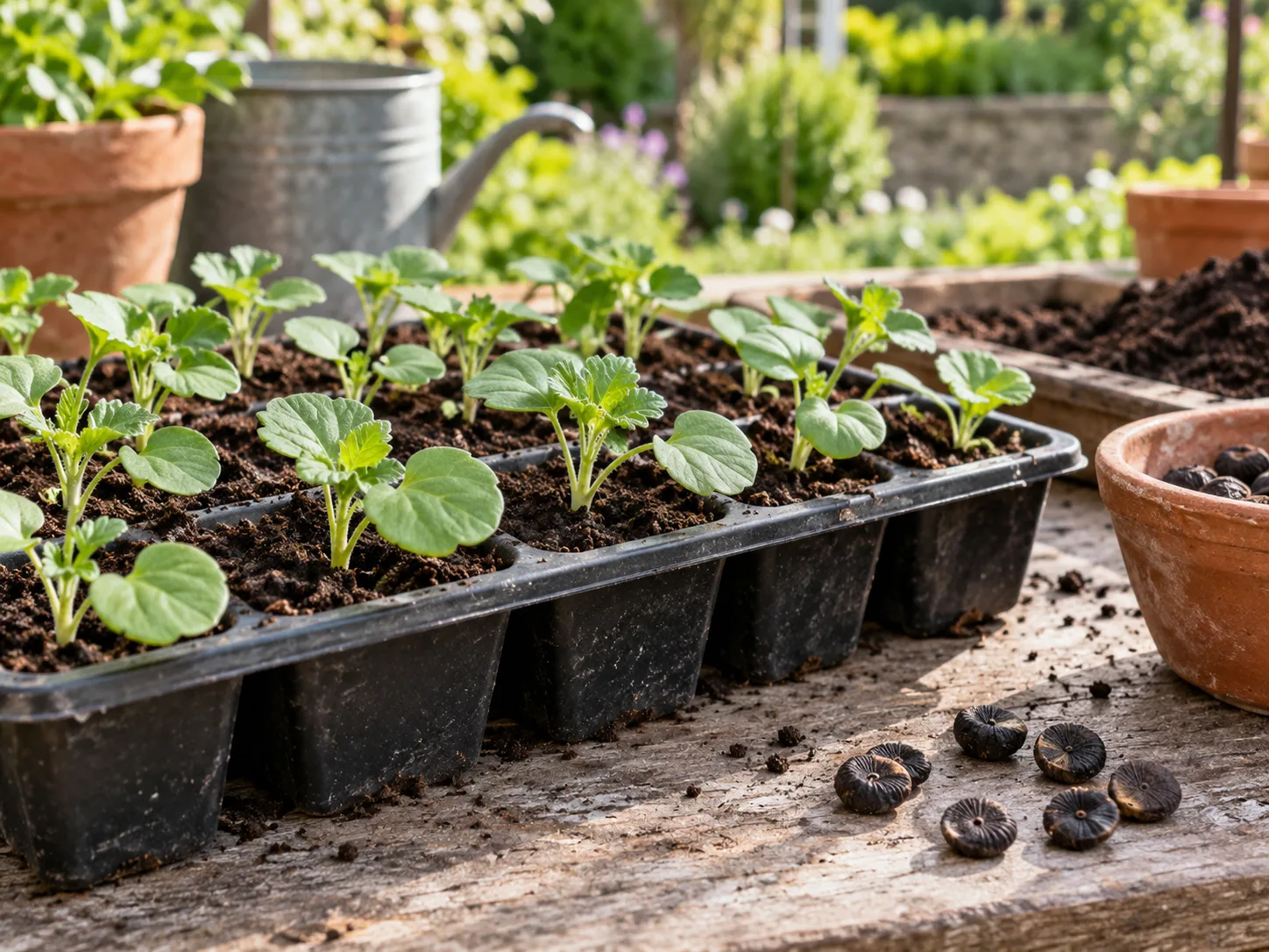 Young Lavatera rose mallow seedlings growing in a seed tray beside mature seeds