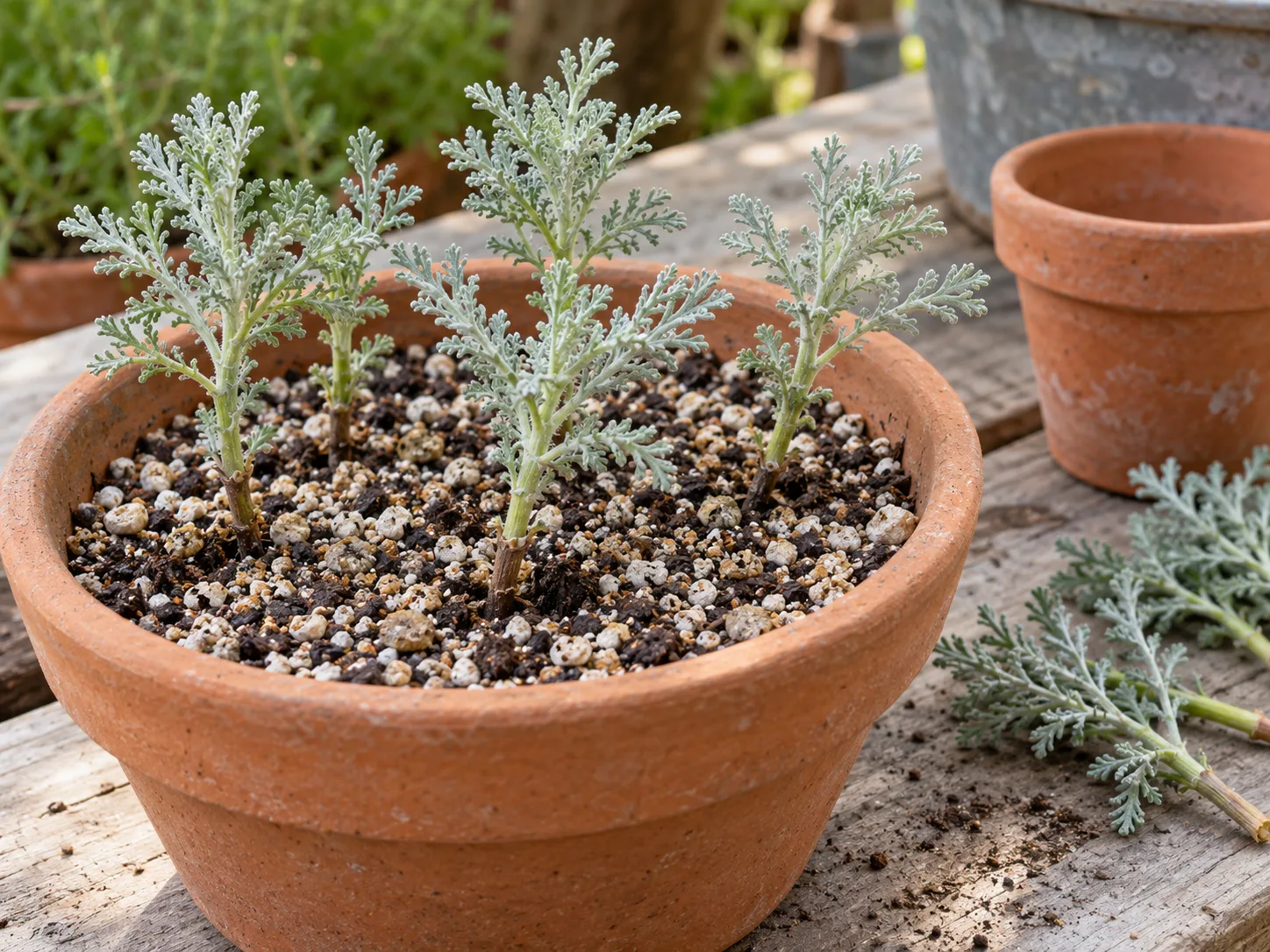 Semi-hardwood lavender cotton cuttings set in a gritty propagation mix in a terracotta pot