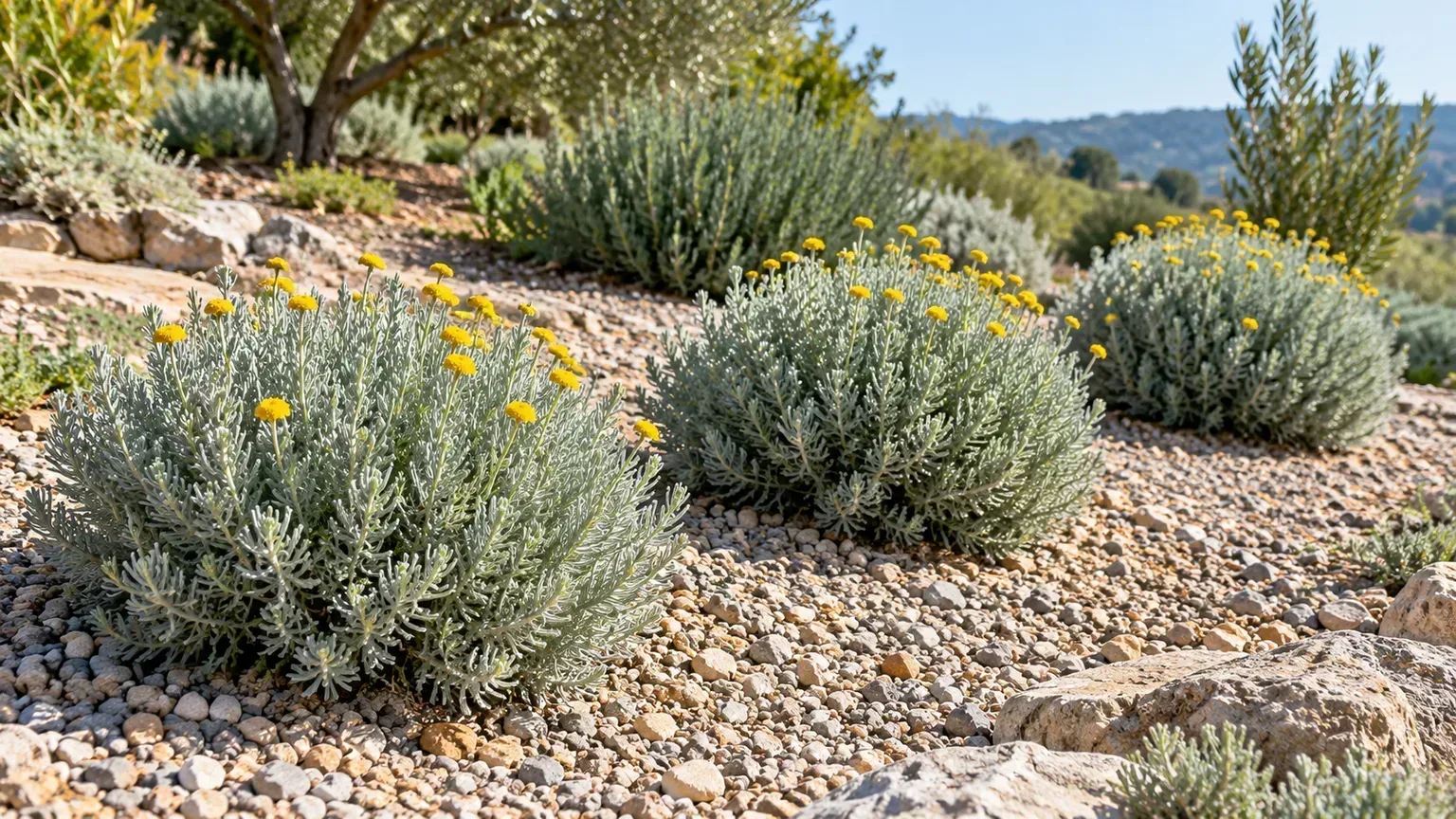 Lavender cotton planted as airy silver mounds in a sunny, sharply drained gravel garden