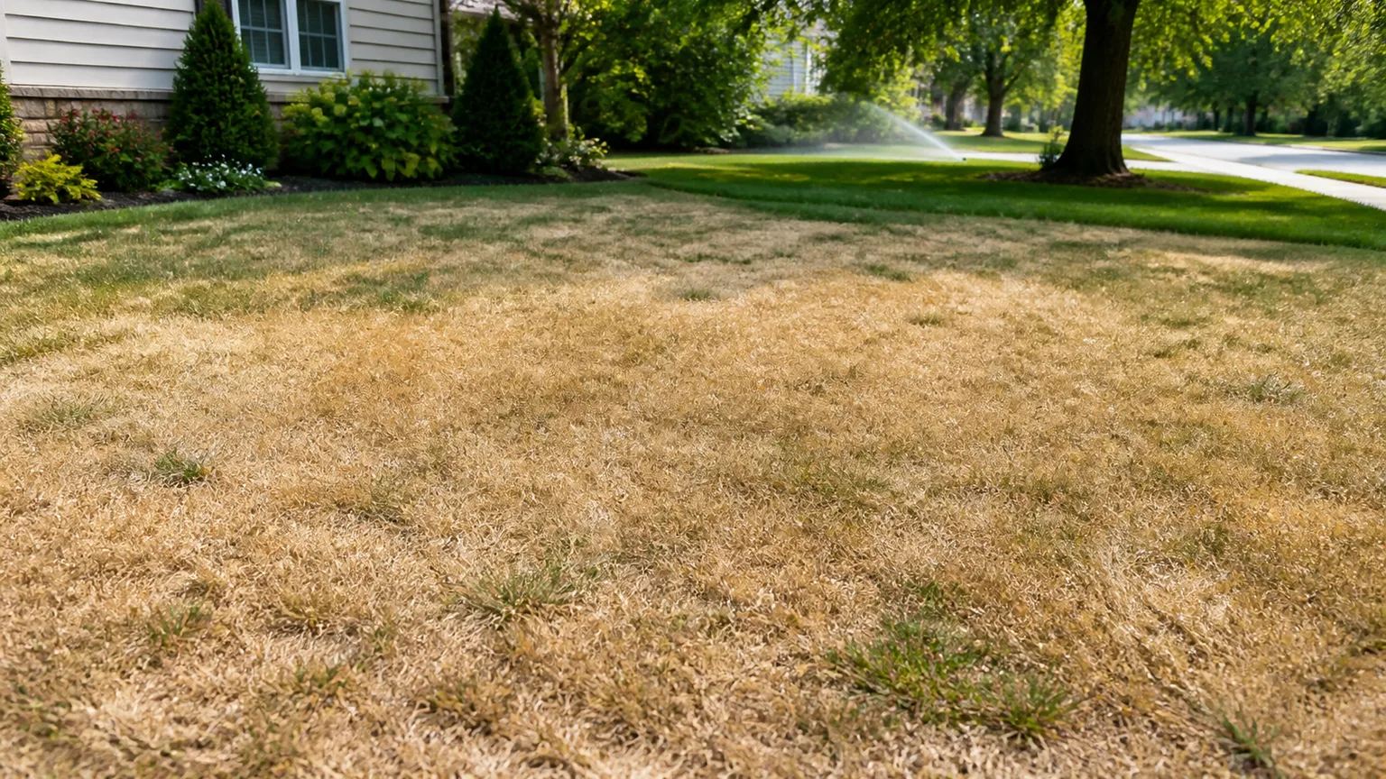 Brown drought-stressed lawn with a sprinkler watering greener turf in the background