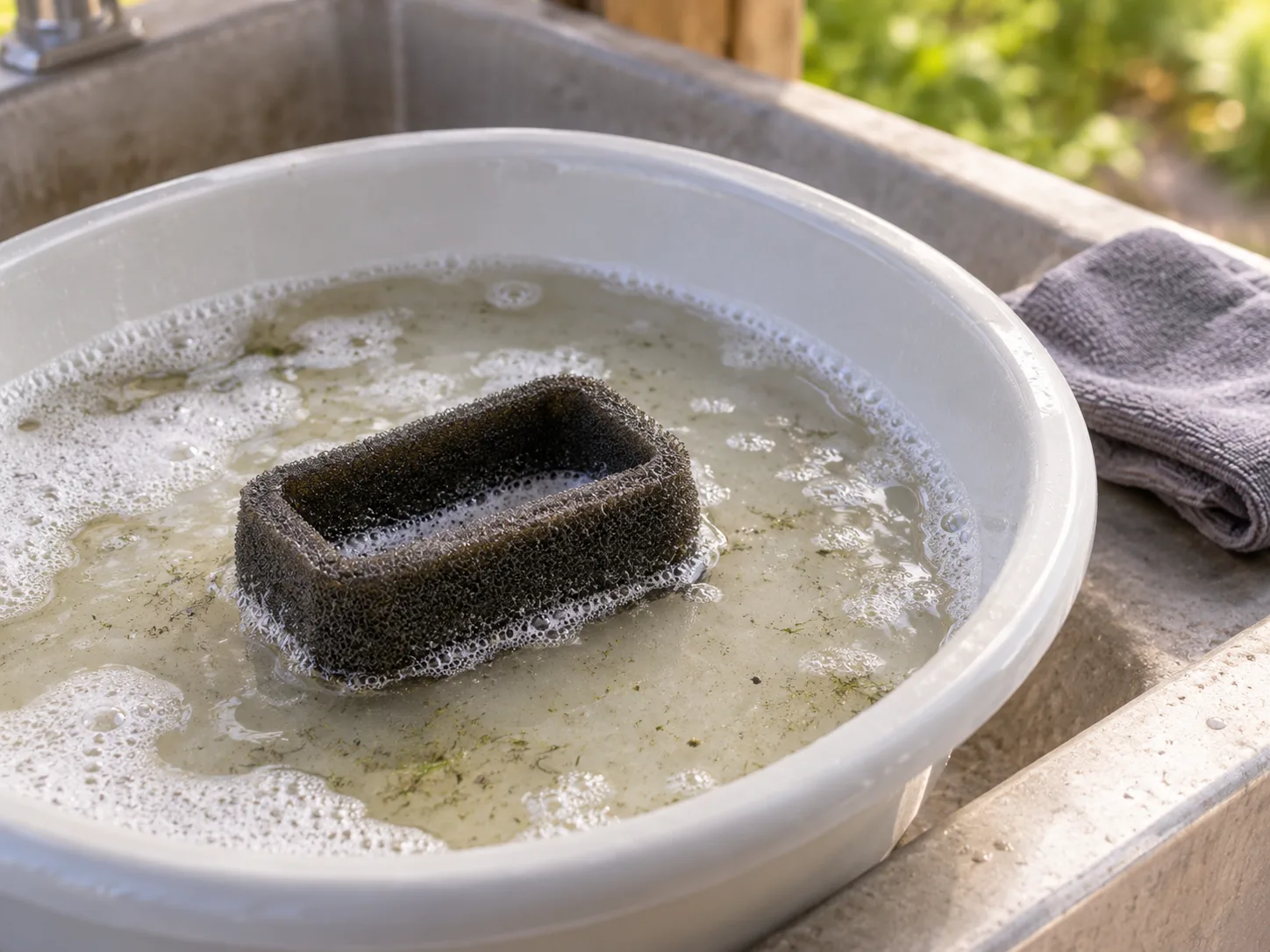 A washable foam lawn mower air-filter element soaking in warm soapy water