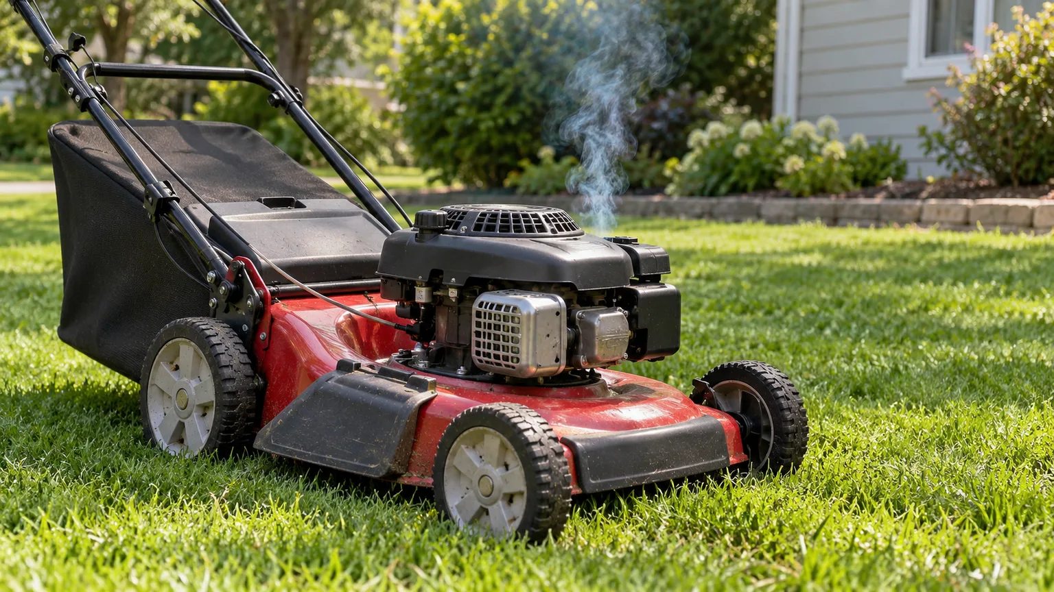 Red push lawn mower giving off a pale wisp of smoke on a green lawn