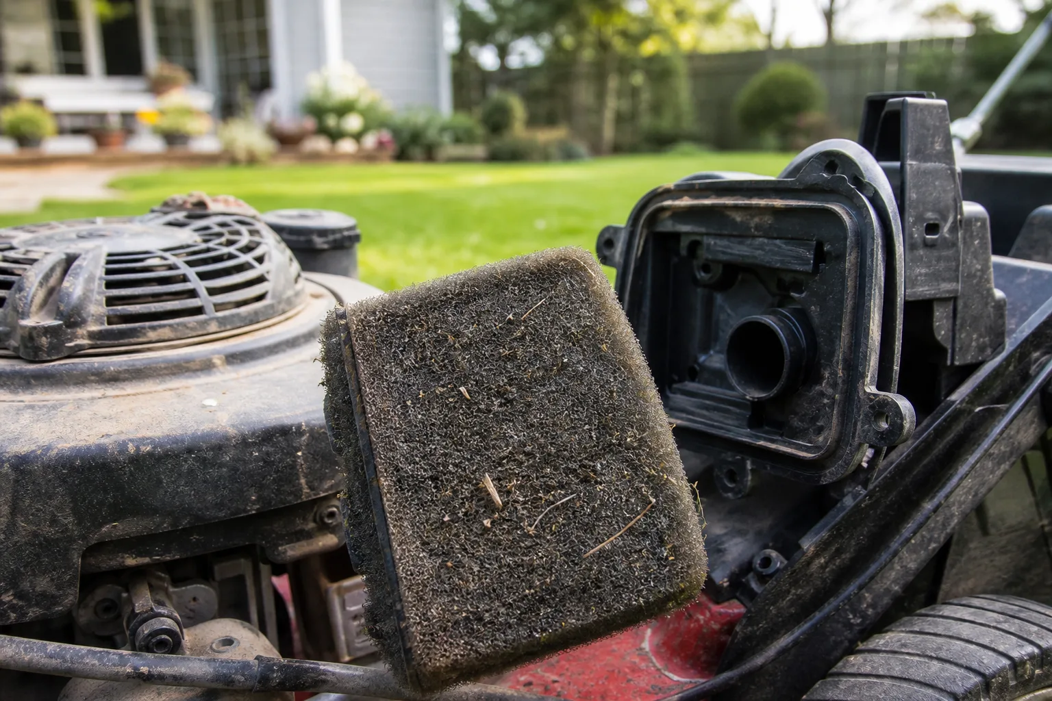 Dirty foam air filter removed from a push lawn mower engine