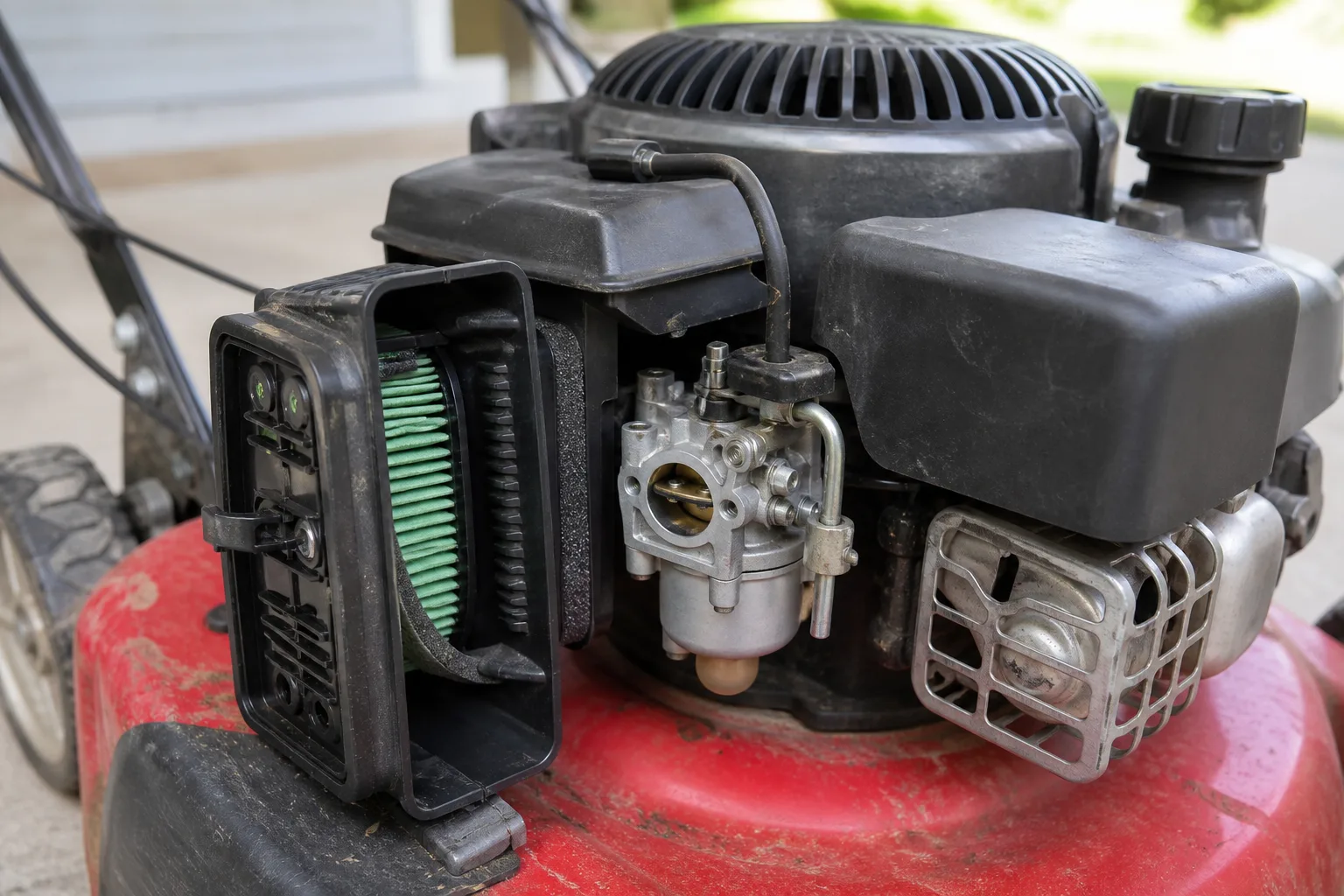 Small engine carburetor and air intake on a push lawn mower