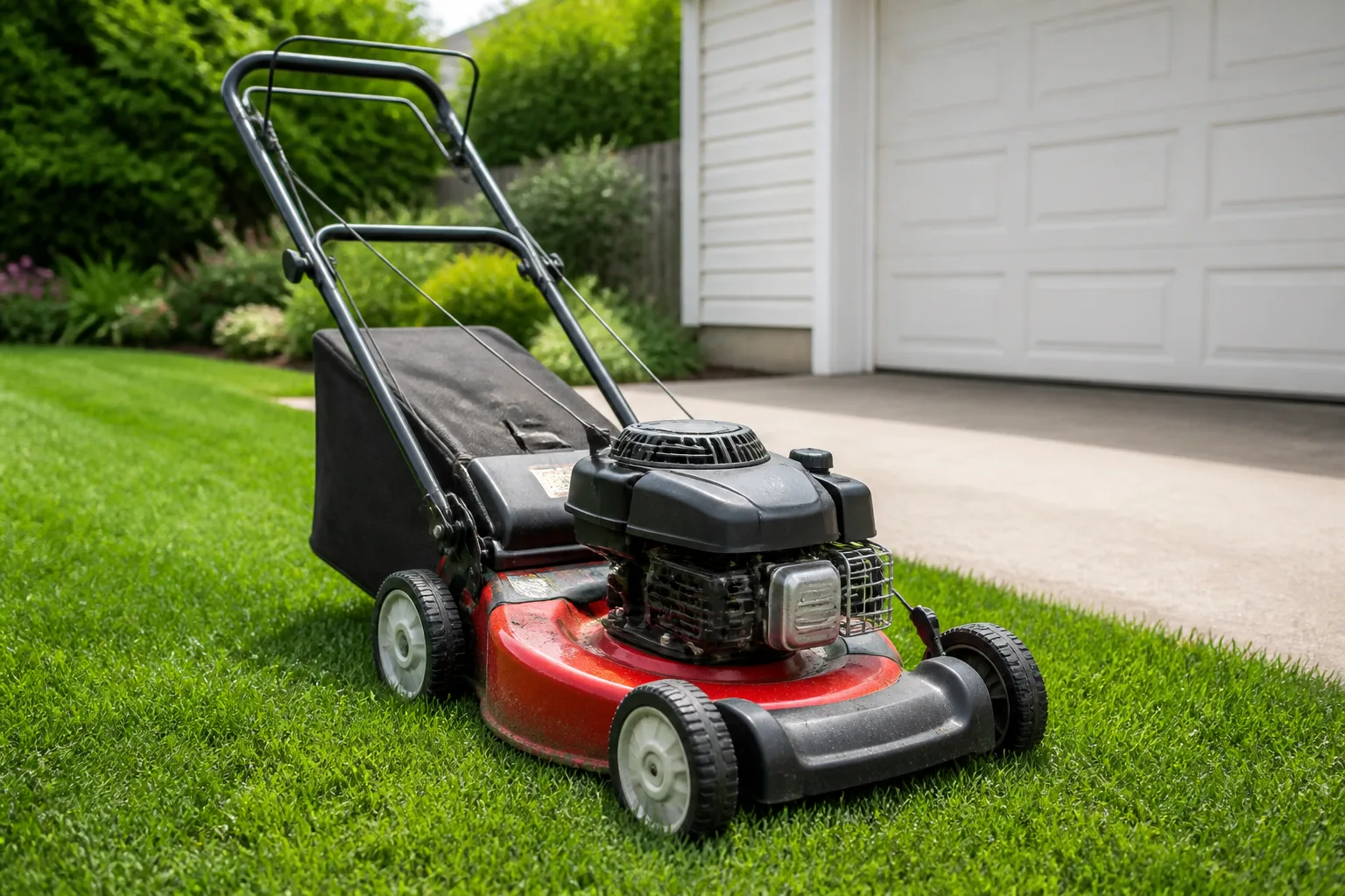 Push lawn mower stopped on a green suburban lawn beside a driveway