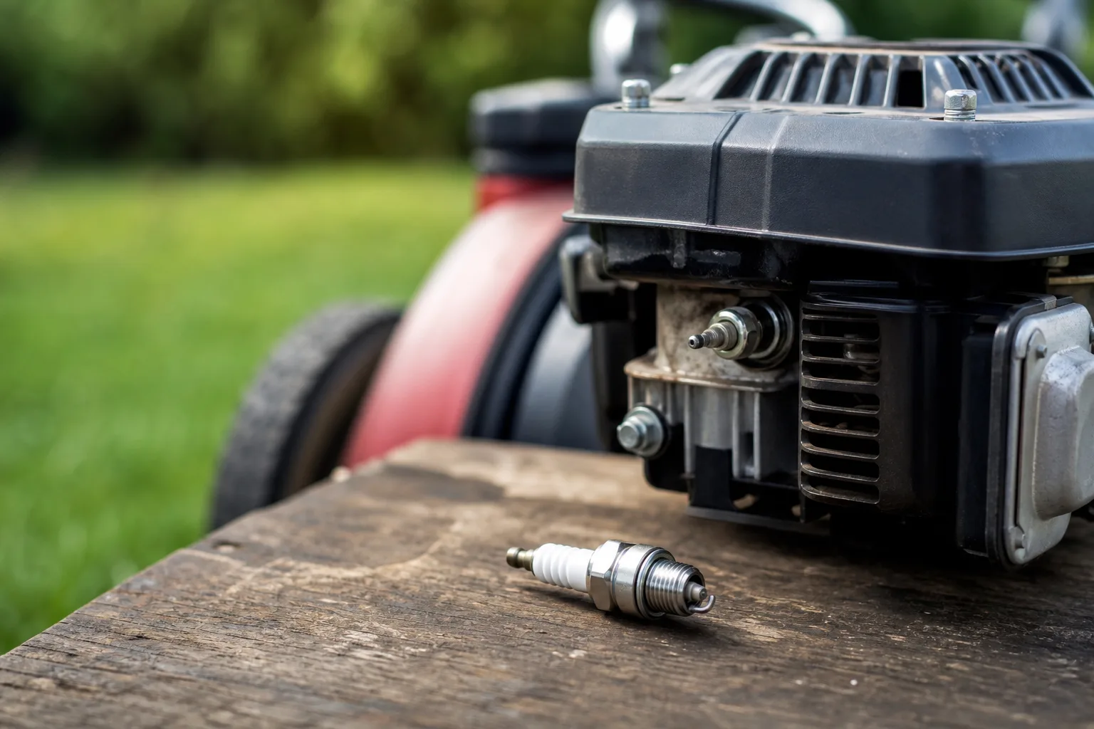 Lawn mower spark plug beside a small engine on a push mower