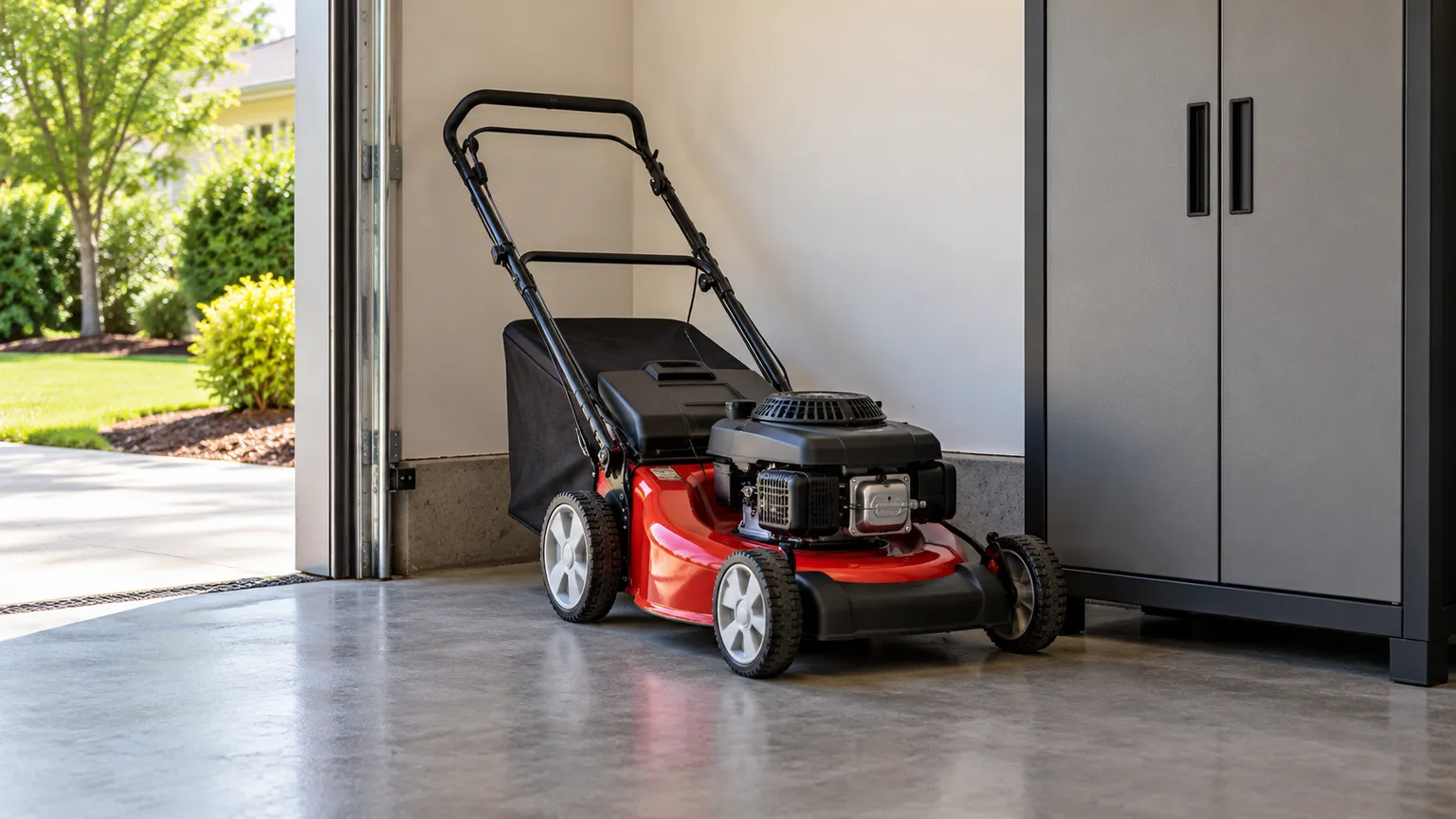 Gas push mower parked level in a clean, organized garage storage bay