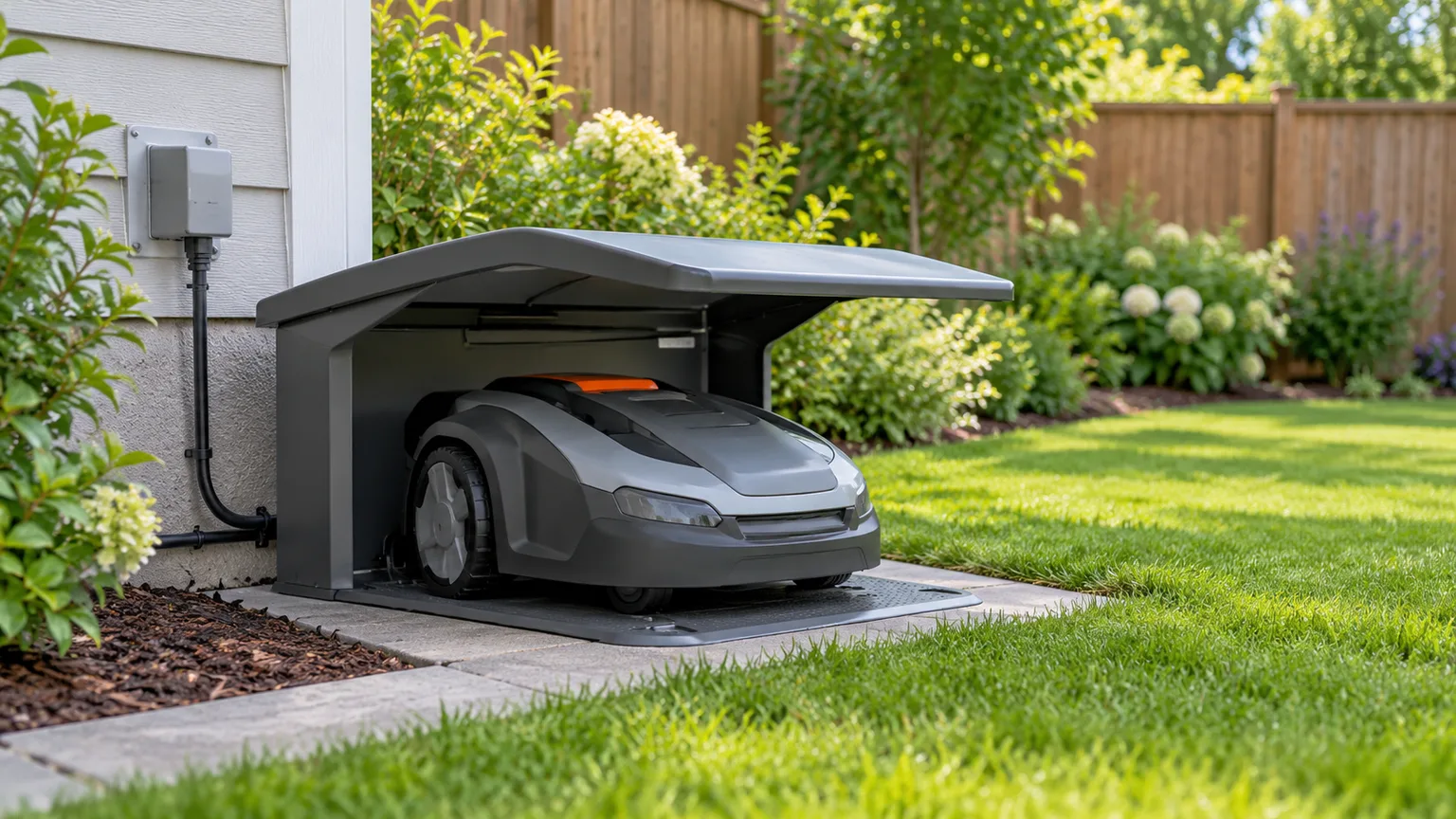 A robotic mower parked on its charging base under a small outdoor weather hood at the edge of a lawn.