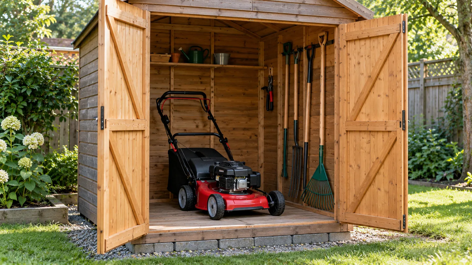 A walk-behind gas mower parked level inside a lockable detached garden shed with tools stored along the wall.