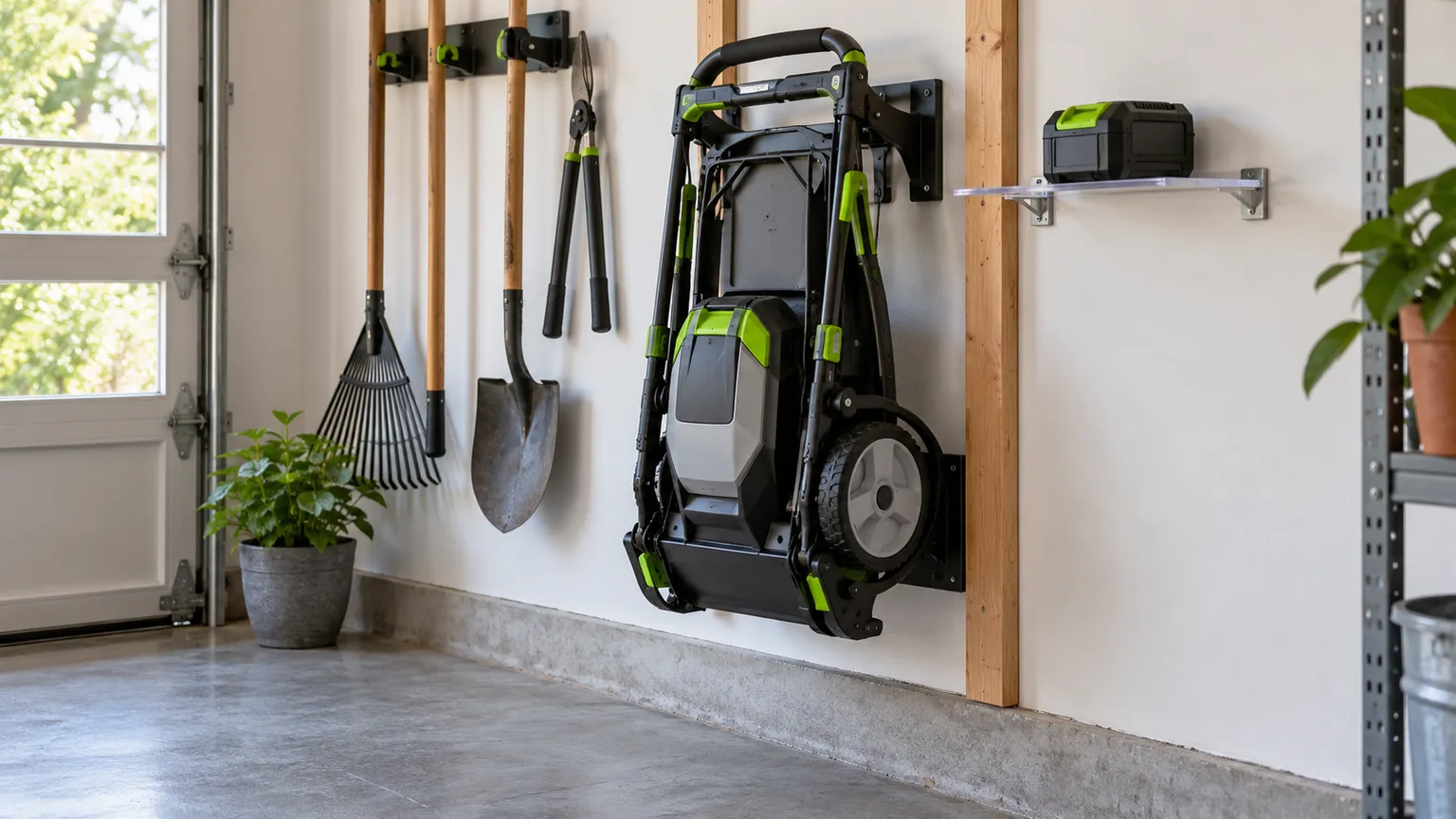 A folded cordless mower secured in a purpose-built wall cradle, with its battery stored separately on a shelf.
