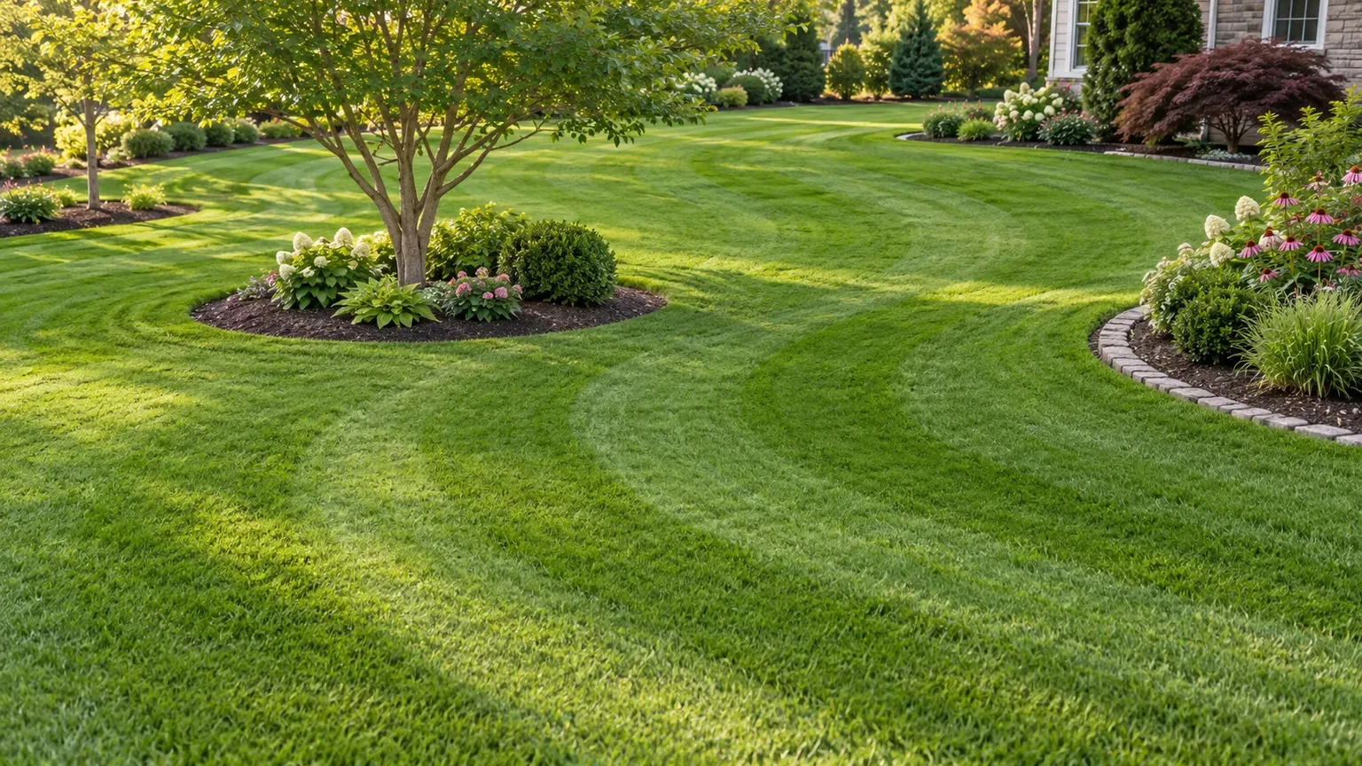 Broad, gently curved mowing lanes follow a tree island and flower-bed edge
