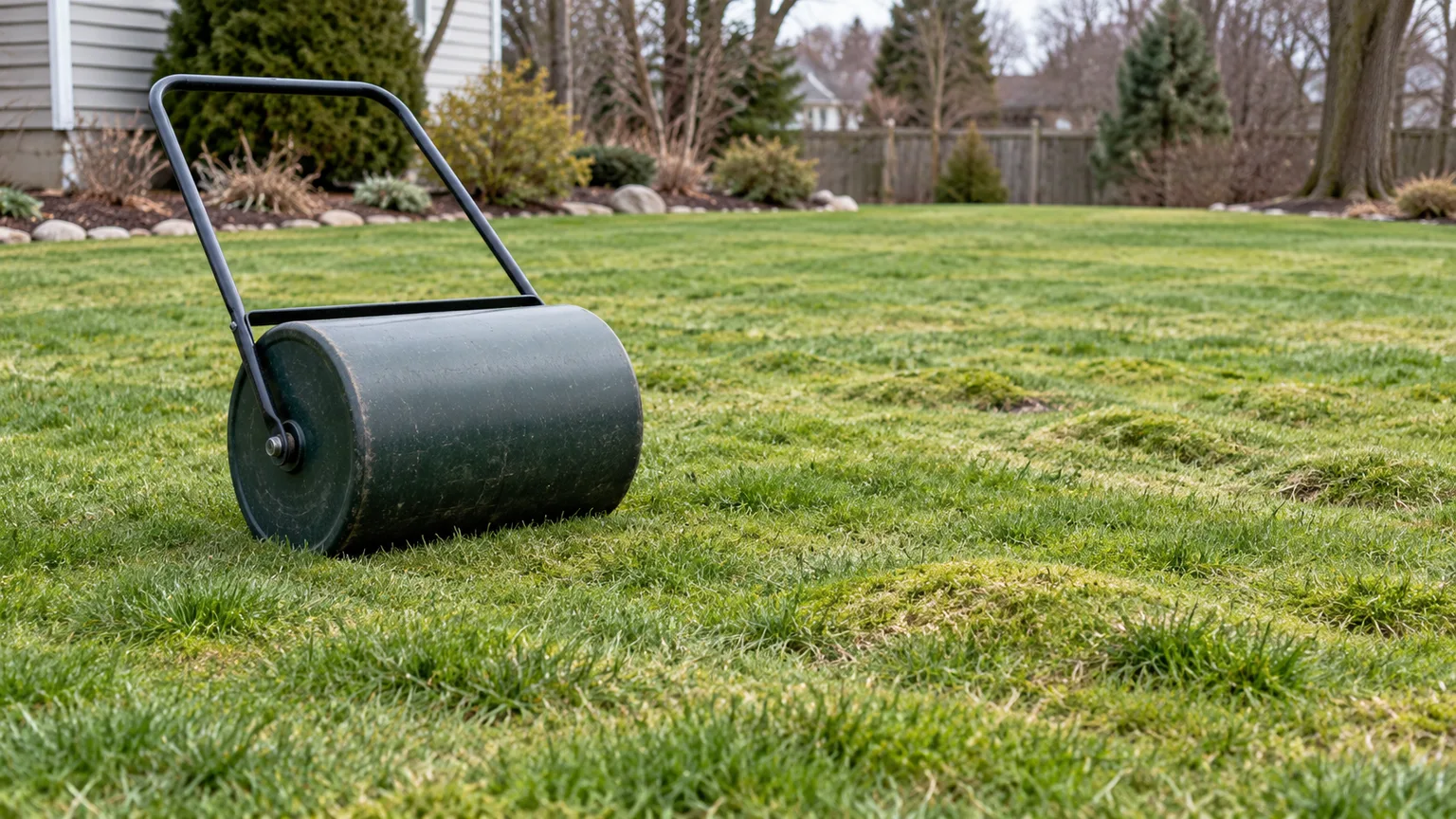 Smooth-drum lawn roller resting on a slightly uneven early-spring lawn