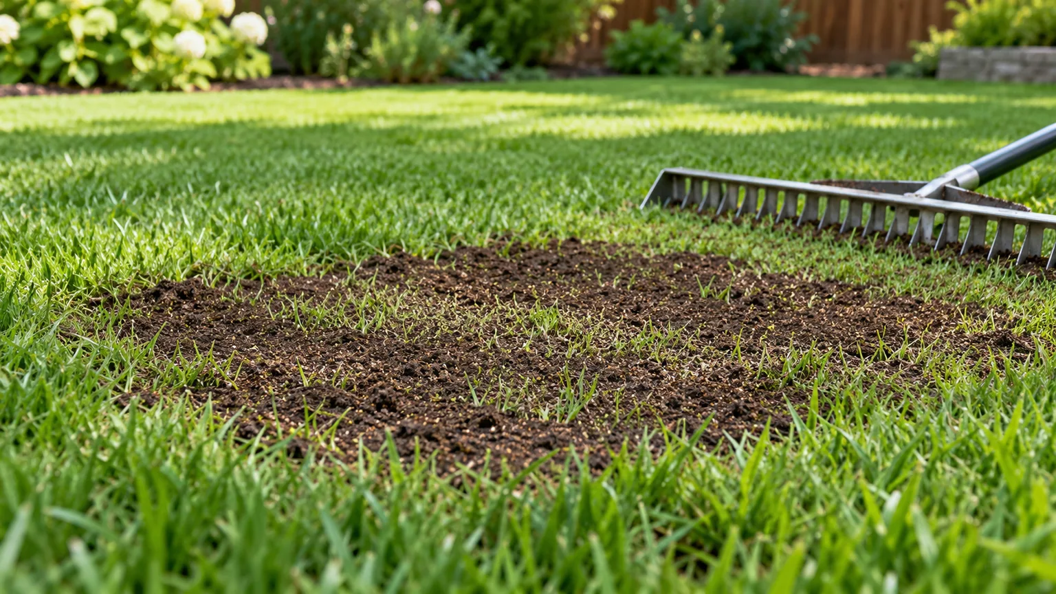 A thin layer of lawn soil being raked across a shallow dip while grass blades remain visible
