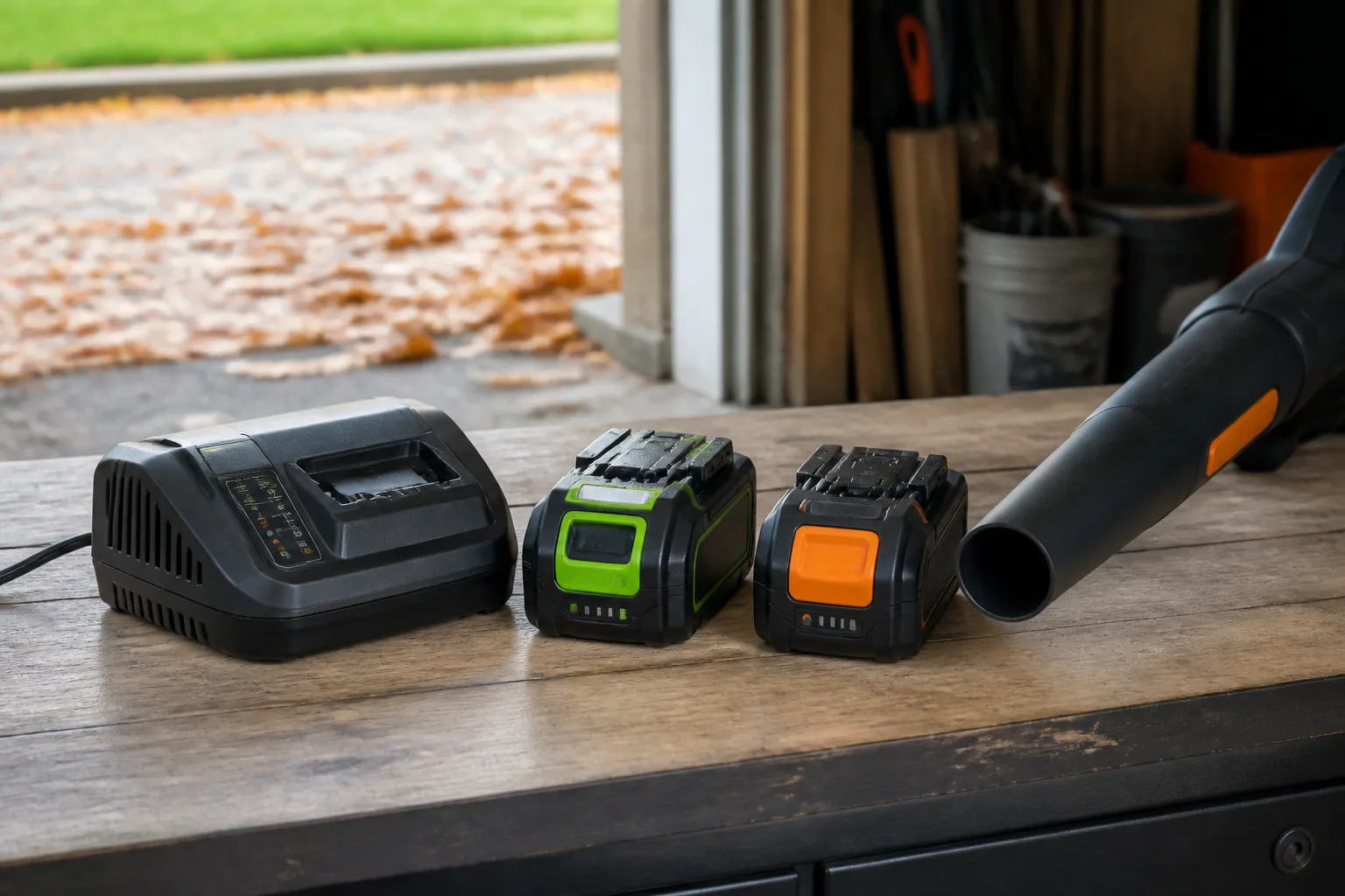 Cordless outdoor power tool batteries and charger beside a leaf blower tube in a home garage