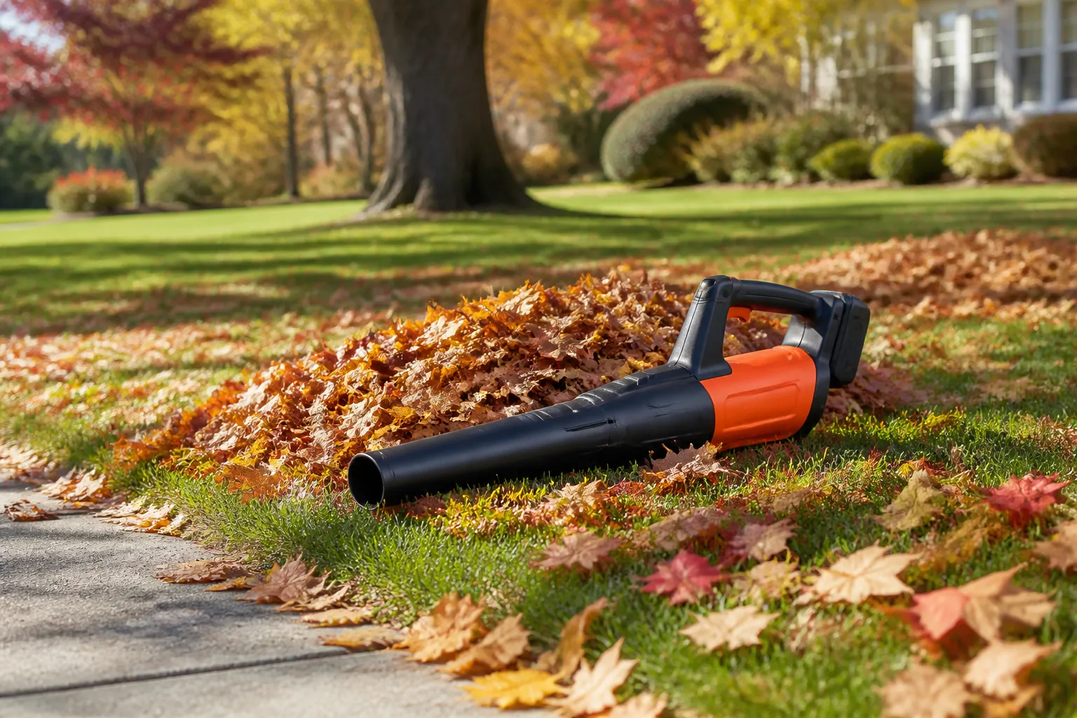 Cordless leaf blower on an autumn lawn beside scattered maple and oak leaves