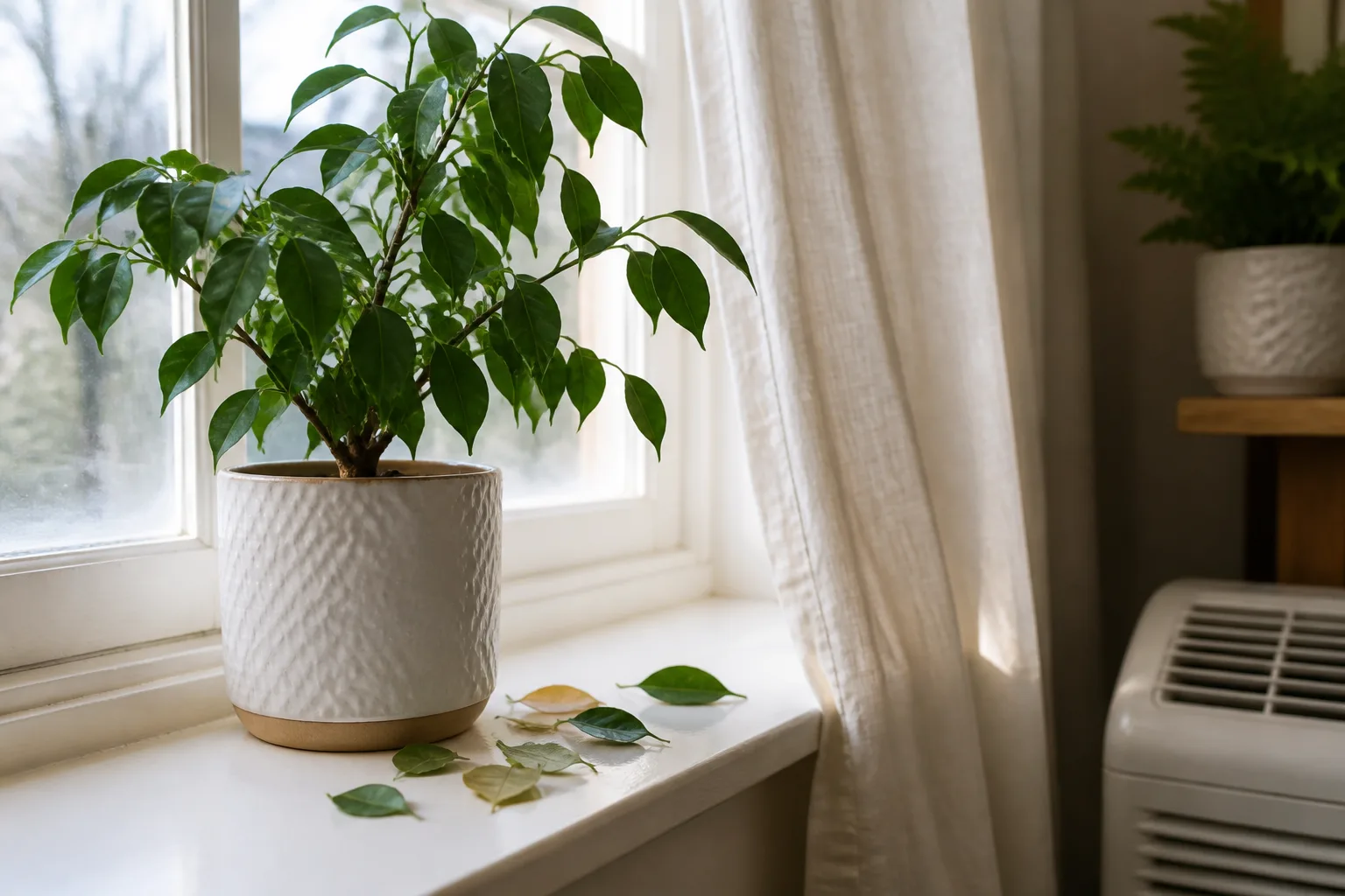 Fiddle leaf fig near a bright window illustrating draft and placement checks during leaf-drop triage