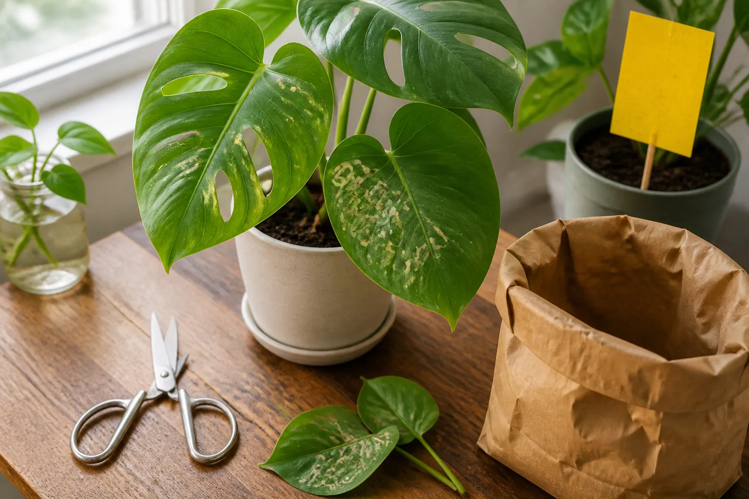 Young Monstera in a white pot with serpentine mines on remaining leaves, pruned mined foliage beside stainless shears, a paper trash bag, and a yellow sticky card on a neighboring plant