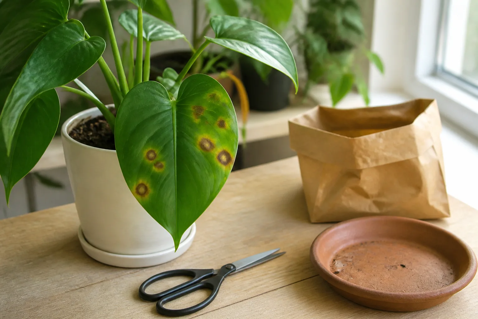 Hands pruning spotted houseplant leaves into a trash bag beside a soil-line watering can and cleaned shears